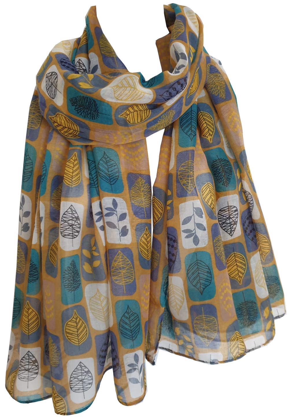 Glamlondon Women's Zsc - Mustard Beautiful Designed Large Leaves Print Scarf (Zsc - Mustard)