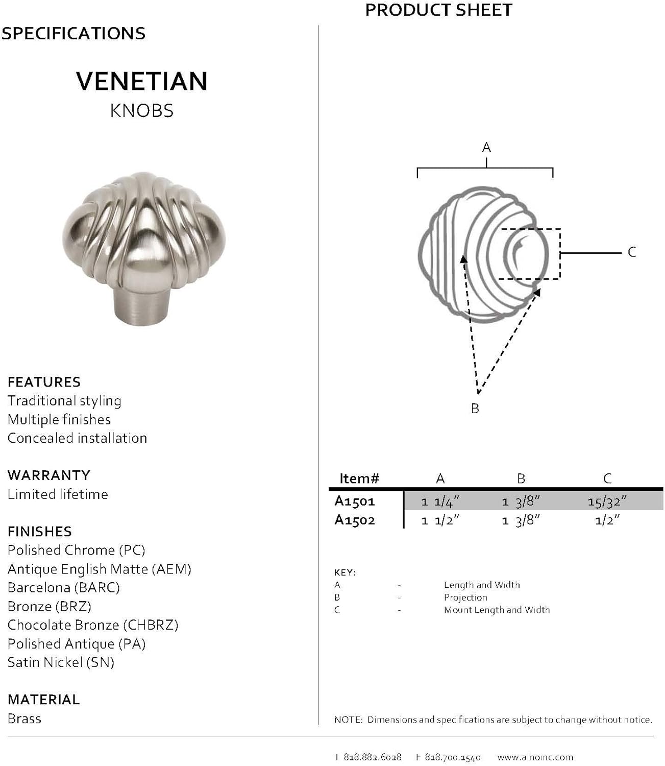 Alno A1501-BARC Venetian Traditional Knobs, Barcelona, 1-1/4"