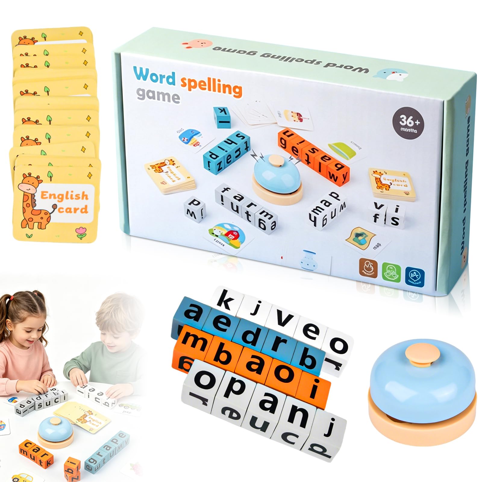 Word Spelling Game, Alphabet Puzzle Set, Turn A Word Game With 64 Flash Cards & 20 Wooden Alphabet Blocks, for 3-5 Year Olds, Sight Words Recognition for Early Learning,Preschool,Classroom