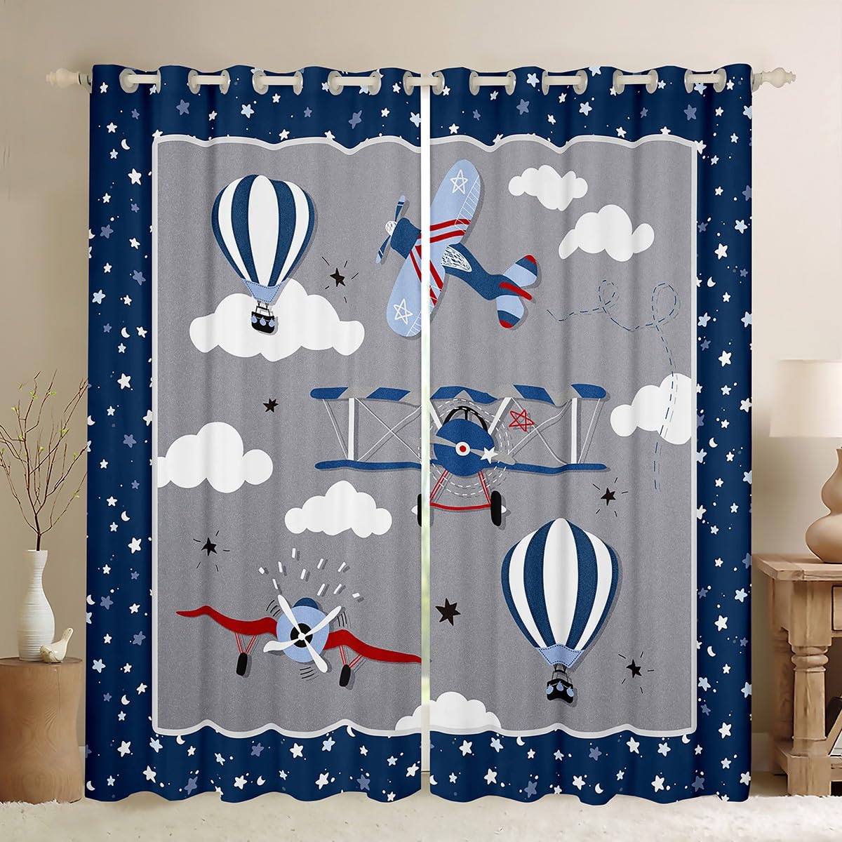 Kids Cartoon Airplane Window Curtain Navy Stripes Hot Air Balloon Aircraft Curtains Boys Teens Room Decor Cloud Starry Moon Window Treatment Curtain Chic Grey Window Drapes,Top 2 Panel,42Wx84L