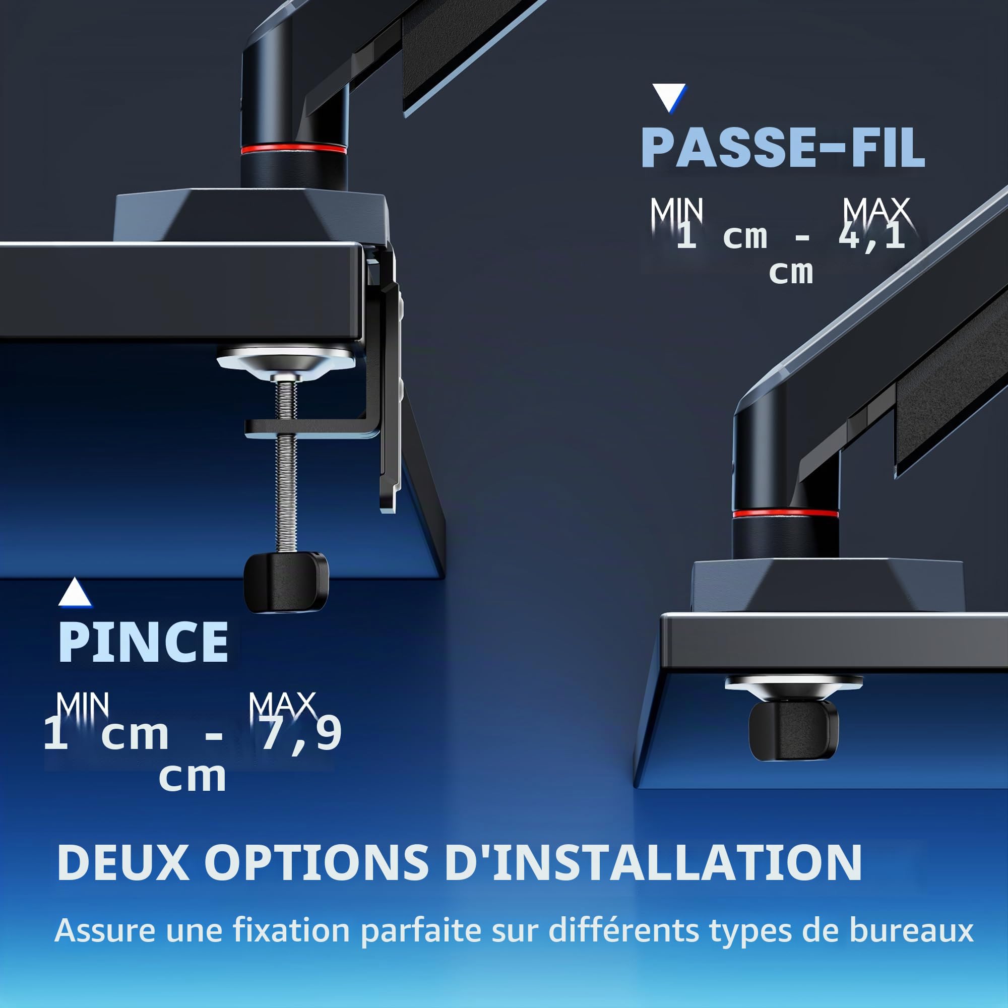 ARES WING Bras écran pc 17-40 Pouces Charge 12kg VESA 75/100 réglable Noir | Support écran pc plats & incurvés, multi-angle, fixation pince/trou，Gaming Monitor arm avec gestion câbles, aluminium