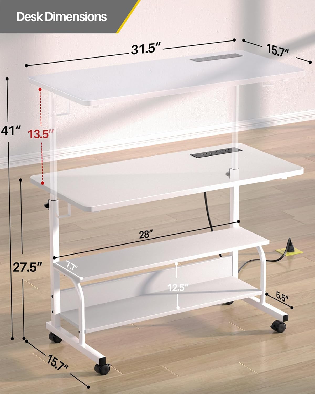 Armocity Height Adjustable Standing Desk with Power Outlets, 32" Manual Stand Up Desk with Storage Shelves Small Mobile Rolling Computer Desks Portable Laptop Table with Wheels for Home Office, White - Image 3