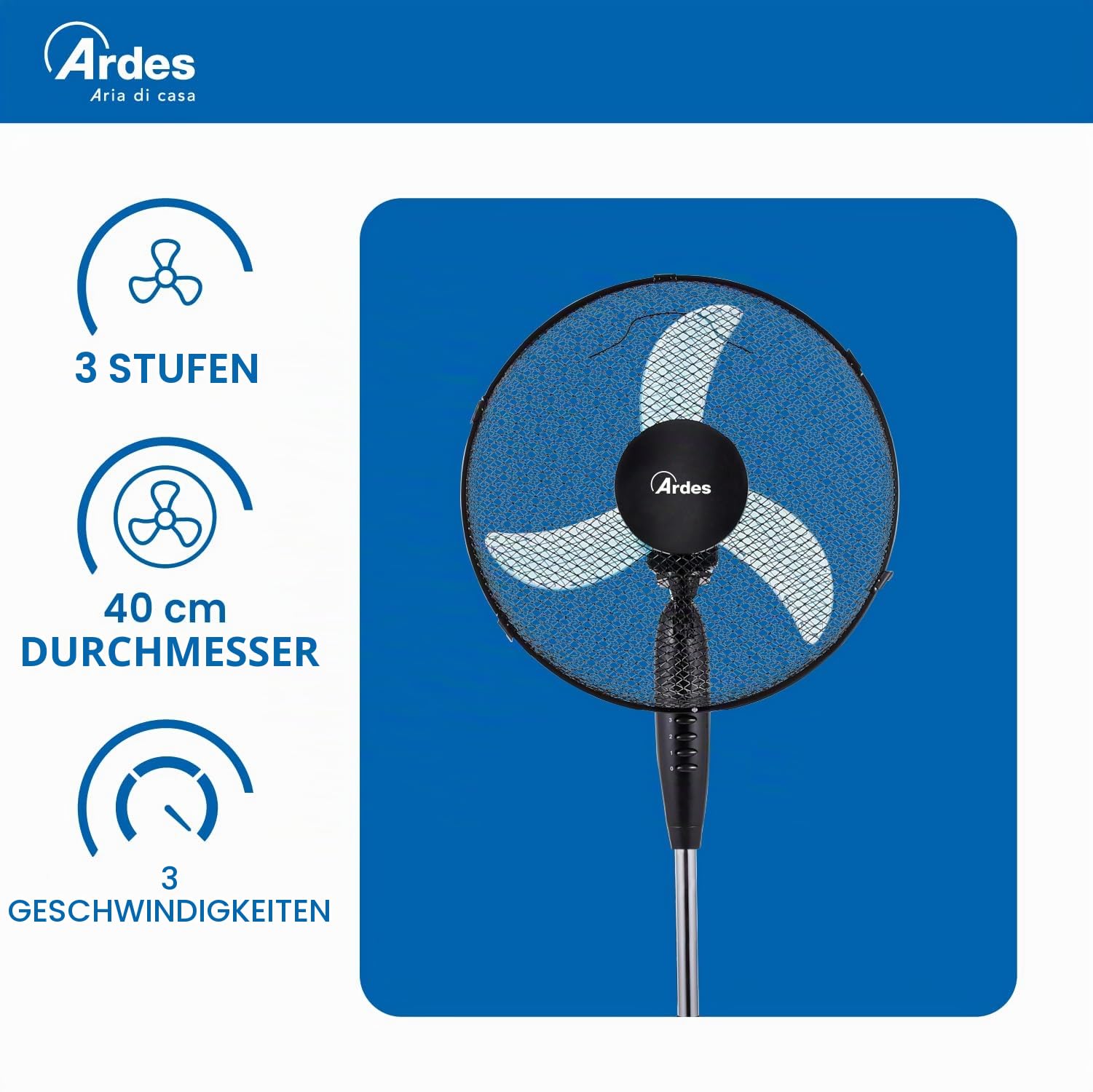 ARDES - Standventilator, leistungsstark, leise, 3 Flügel, 40 cm, oszillierend, mit verstellbarer Höhe und Neigung, Ardes-Standventilator, 3 Geschwindigkeitsstufen, Modell Penny AR5AM40P