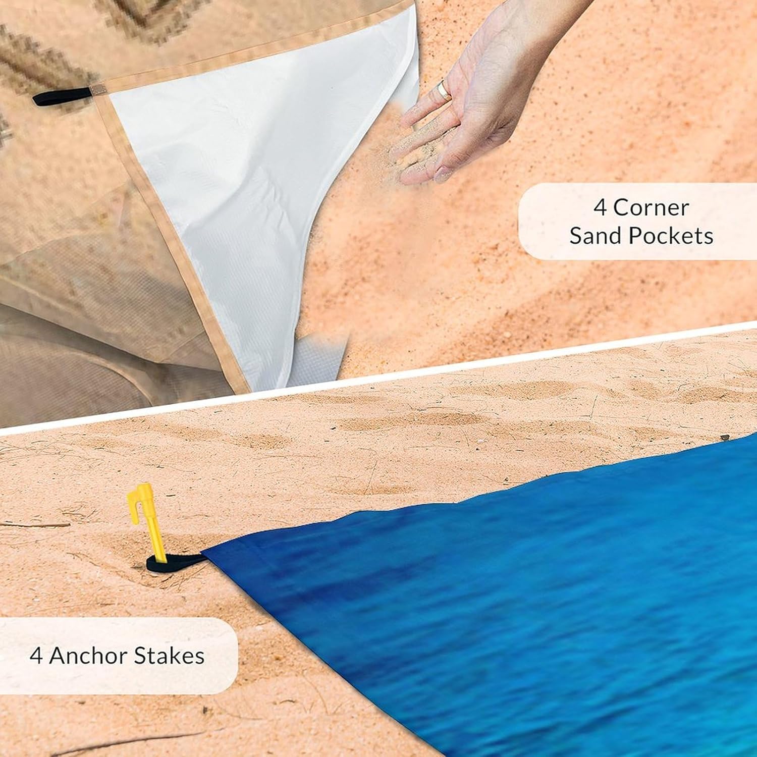Waterproof Sandproof Beach Blanket - Custom 110'' x 118'' Extra Large Beach Mat with 4 Stakes & Corner Pockets - Foldable Outdoor Accessories Blankets for Travel, Hiking, Camping