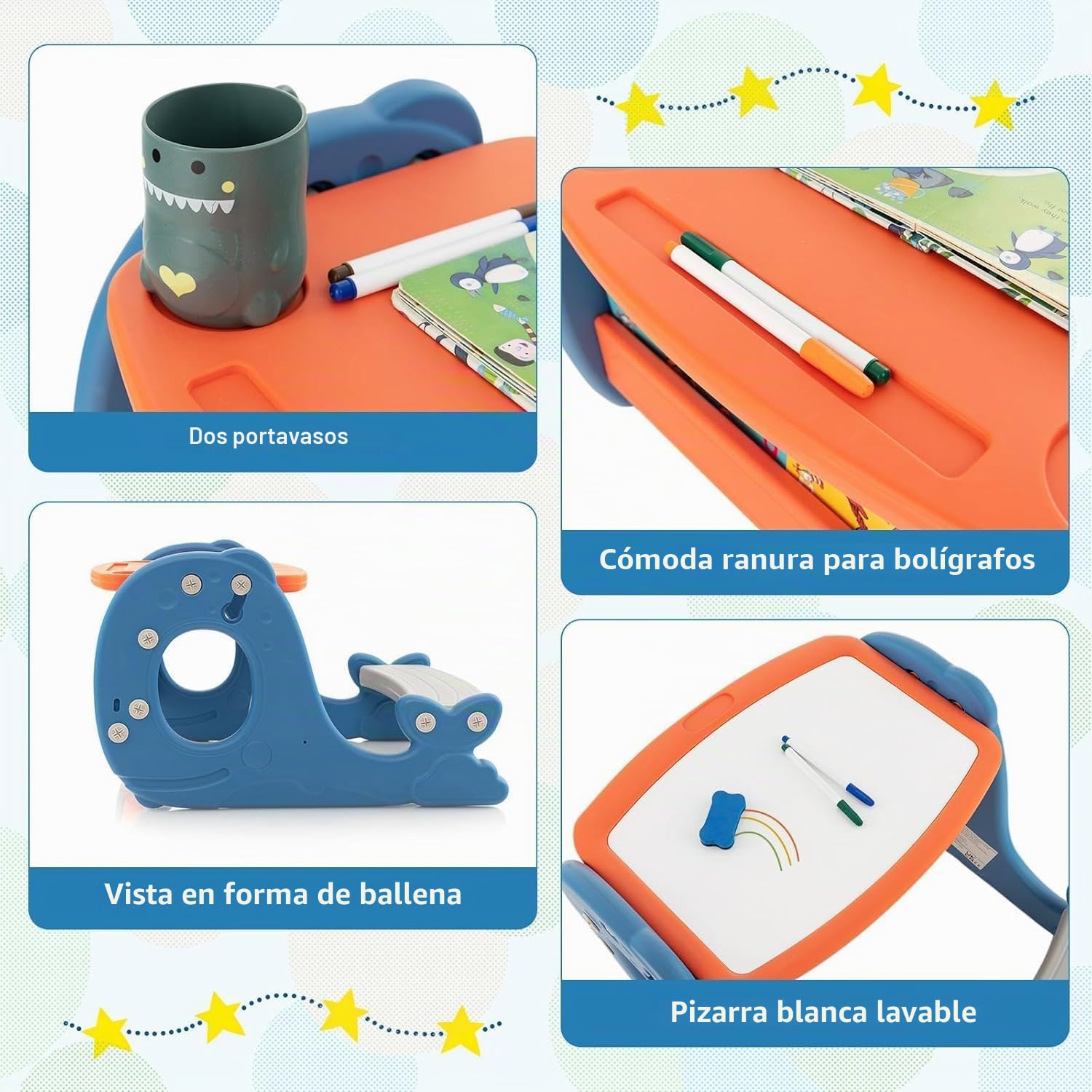 FANTASK Caballete infantil con tablero de mesa, pizarra blanca y banco, 4 en 1, pizarra de pie azul de doble cara en forma de ballena, mesa para niños con estante para niños a partir de 1 años