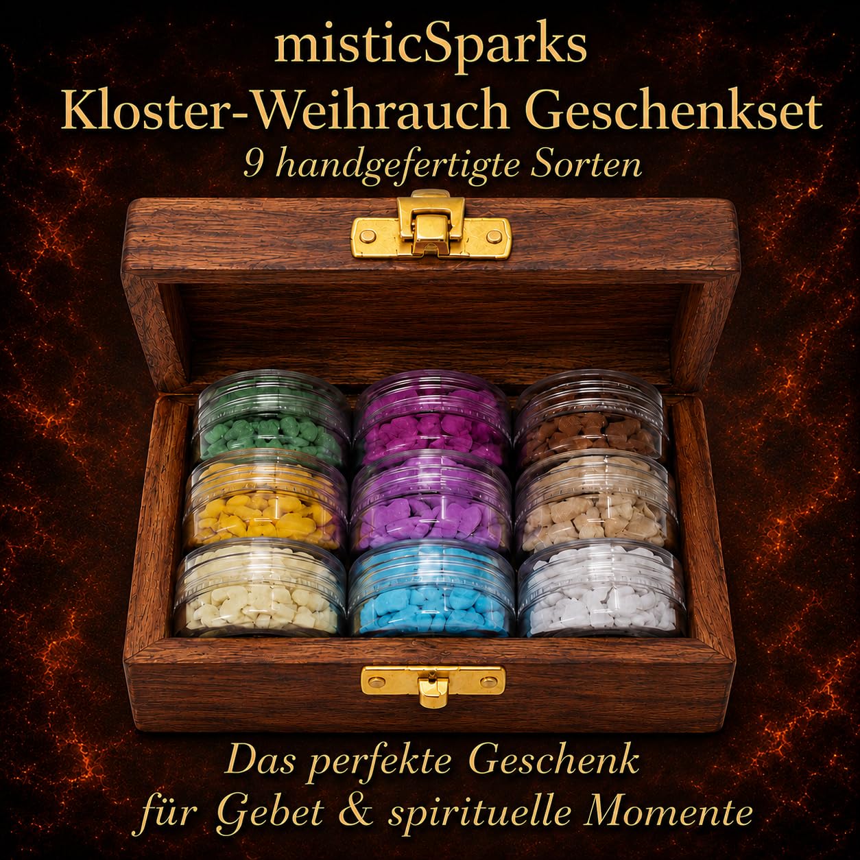 misticSparks Kloster Weihrauch Geschenkset mit Holzbox und Kreuz – 9 handgefertigte Weihrauchsorten für Gebet, Kirche, Meditation und spirituelles Geschenk