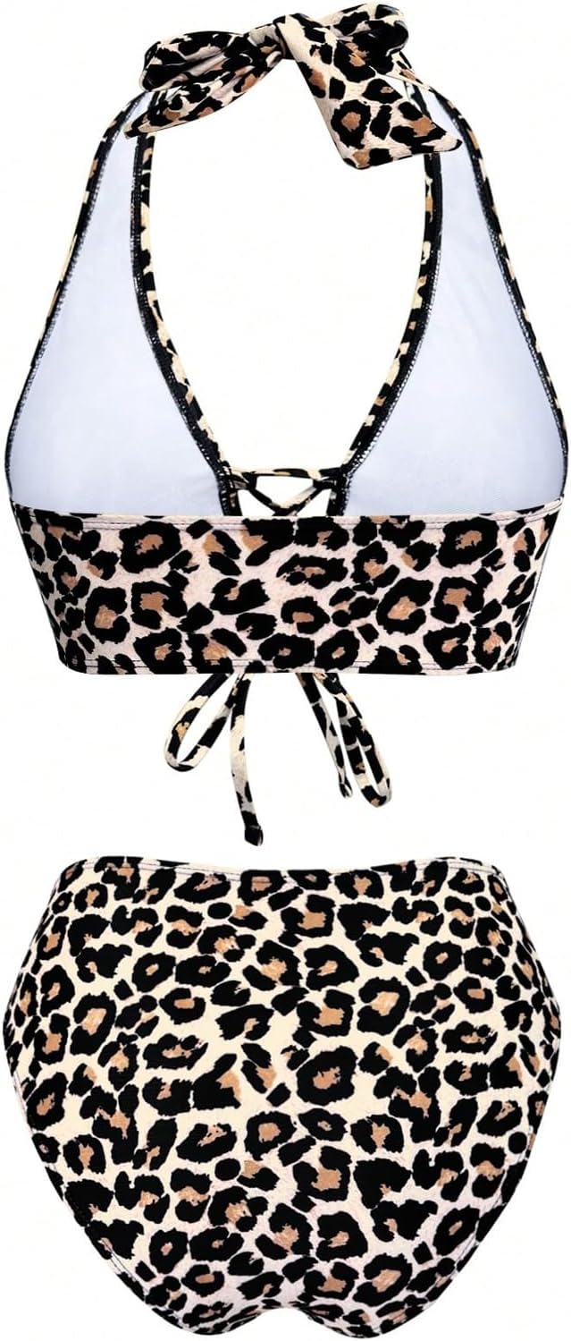 GORGLITTER Women's Cheetah Print High Waisted Bikini Set Y2K Cheeky Animal Leopard Halter Swimsuit Bathing Suit Swim