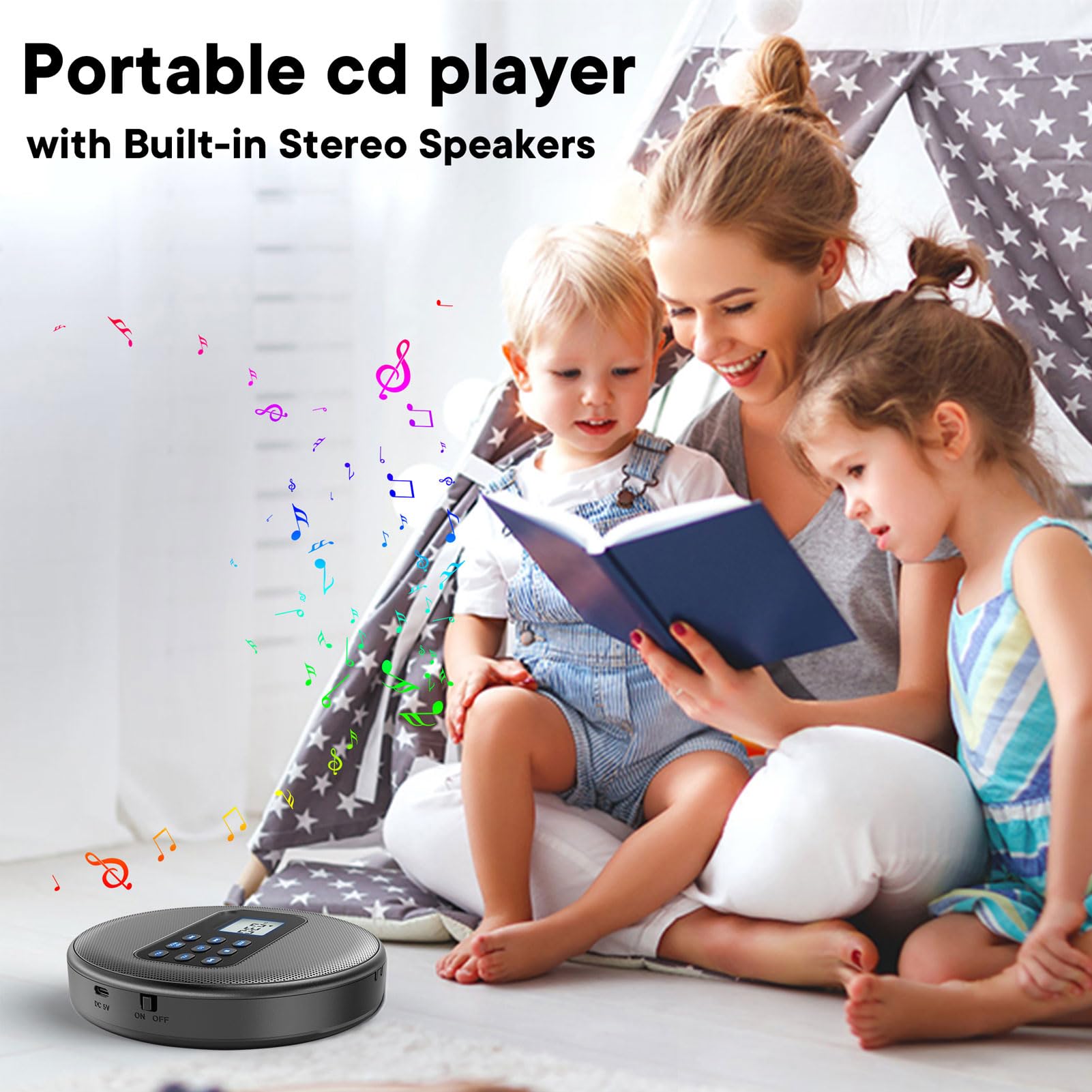Lettore CD Portatile, Lettore di Dischi Musicali Stereo Ricaricabile con Ampio Display LCD, Protezione Anti-salto, Doppi Altoparlanti, Cavo da 3,5 Mm, Bluetooth, per Auto, USB,