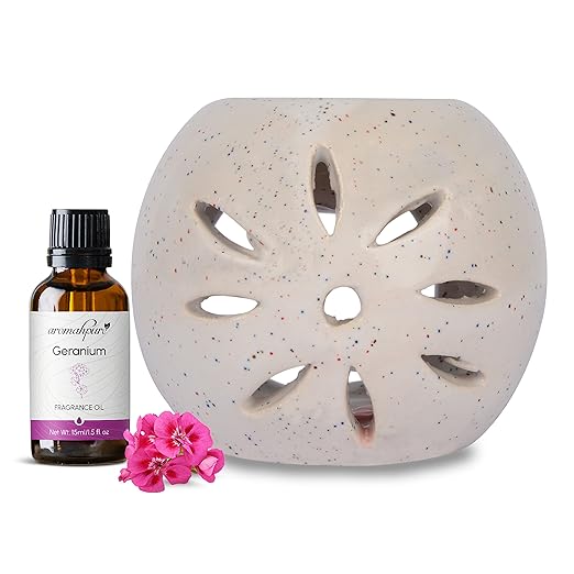 Aromahpure White Tealight Ceramic Small Round Diffuser | Aroma Oil Diffuser 15 ml Fresh Geranium Fragrance Oil | Diffuser for Home, Mandir, Office, Desk Decoratives, Gifting