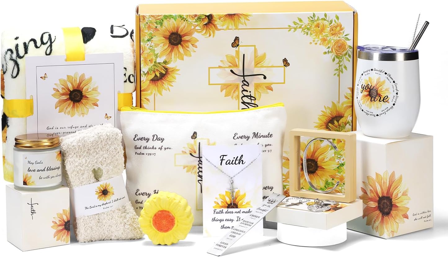 Christian Sunflower Gifts for Women,11pc Religious Faith Inspirational Catholic Gifts with Bible Verse for Birthday,Christmas,Get Well Soon Gift Baskets for Mom,Friend,Sister,Mother,Grandma,Wife