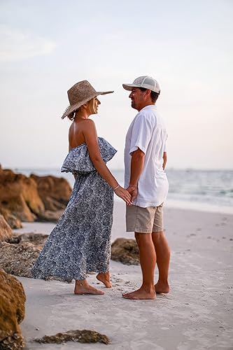 Miniatura 6 de ZMPSIISA Vestido largo de verano para mujer, con hombros descubiertos, con volantes, sin tirantes, de porcelana, color azul y blanco, bohemio