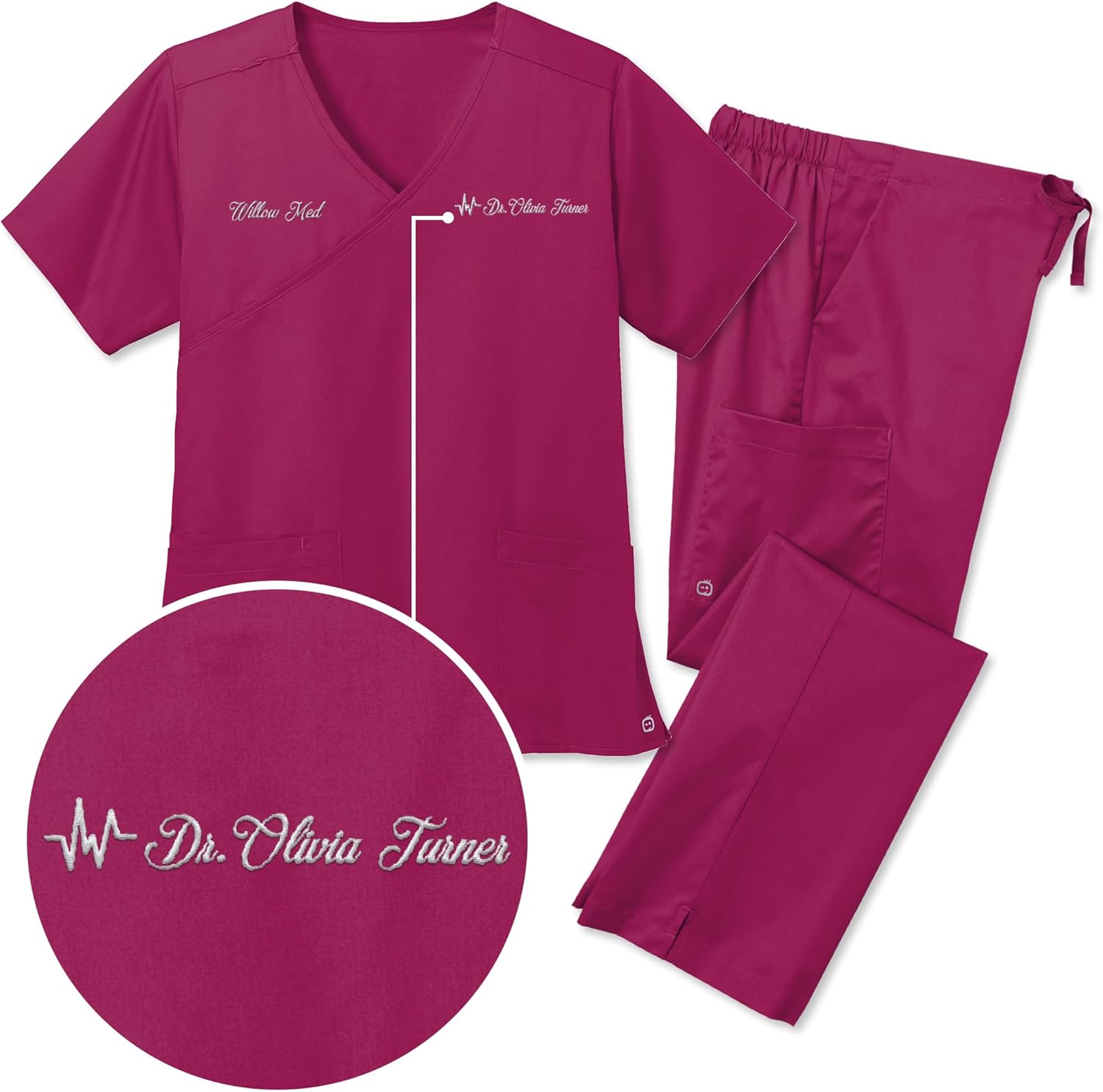 TEEAMORE Custom Embroidered Medical Scrub Set Add Your Text Women's Medical Wrap Scrub Top & Bottom