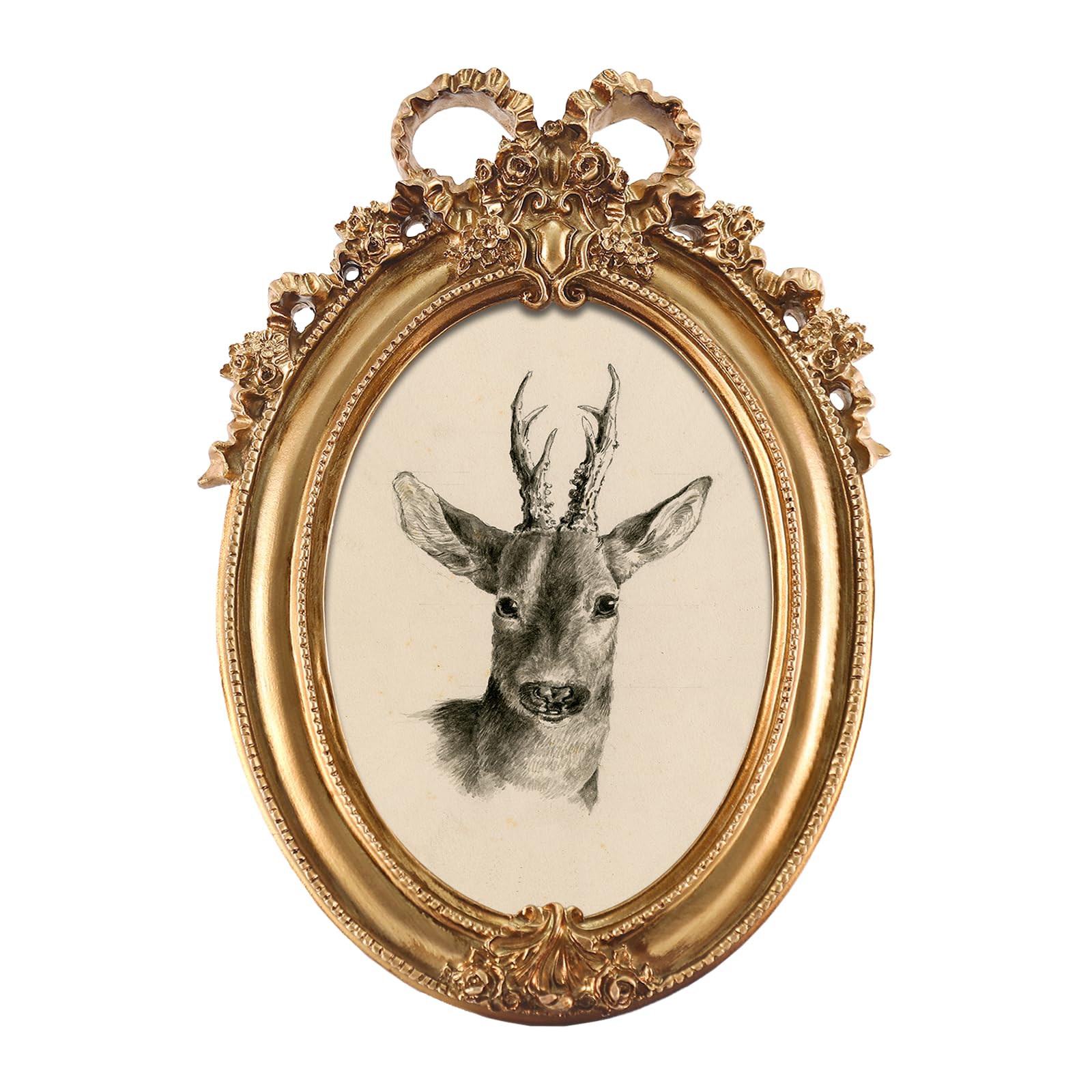 FOLKOR Christmas Wall Art Prints with Vintage Gold 5x7 Frame, Rustic Deer Head Artwork on Canvas for Hallway Entryway Fireplace Decor, Farmhouse Sketch Poster for Tabletop Home Gallery Wall Bedroom