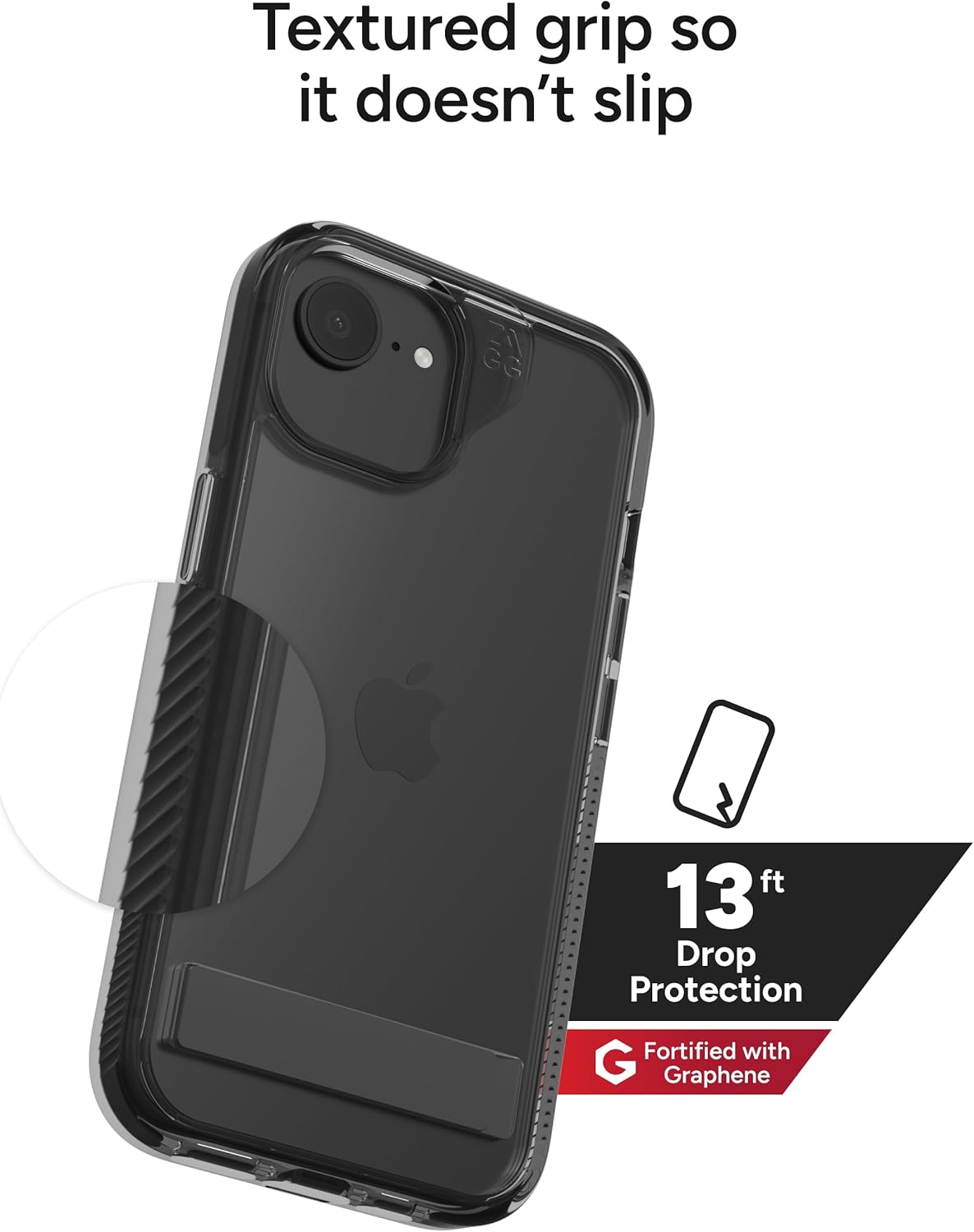 ZAGG Santa Cruz Case with Kickstand for iPhone 17e/ 16e/ 15/14/ 13 – 13ft Drop Protection, Graphene Reinforced, Slim Transparent Case, Anti-Scratch Finish, Wireless Charging Compatible, Black