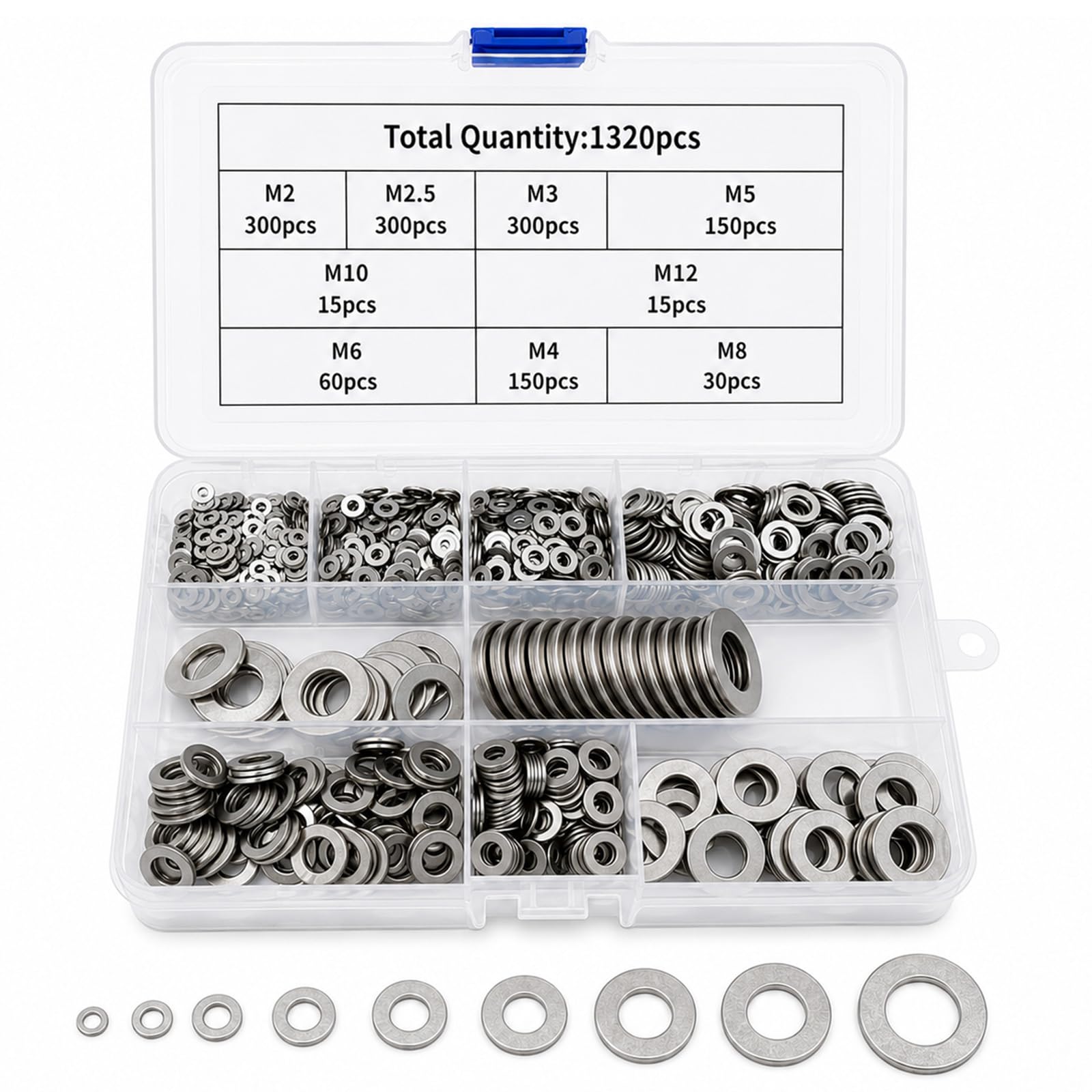 1320Pcs Washers Assorted, 304 Stainless Steel Flat Washers for Screws & Bolts, Kit with Storage Box, Hardware Home Repair Washer Set