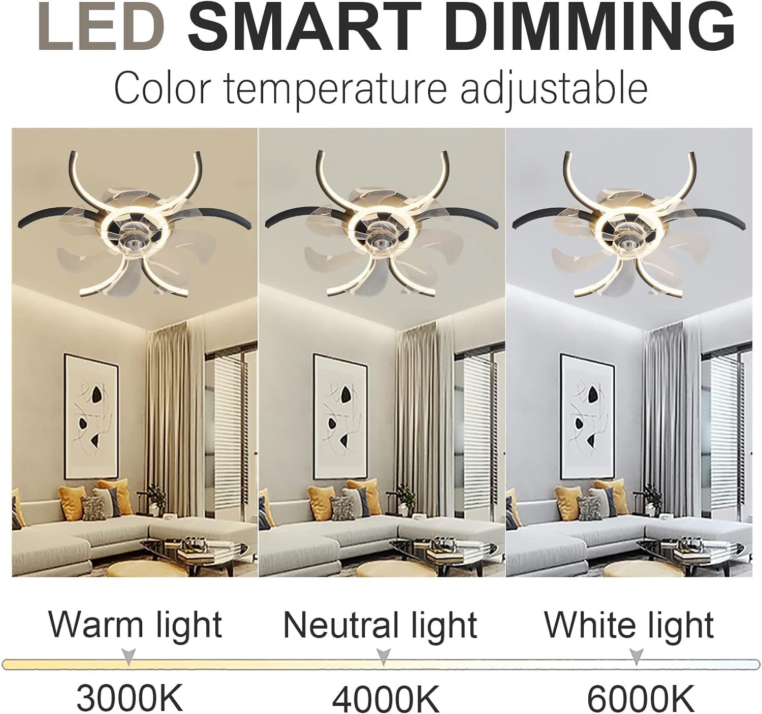 Nordic Creativity Black Led Ceiling Fan Light with Remote Control Interior Lighting Modern Large Bedroom Ceiling Lamp Fan Invisible Blade Dimmable 6-Speed Reversible Dc for Living Room/K