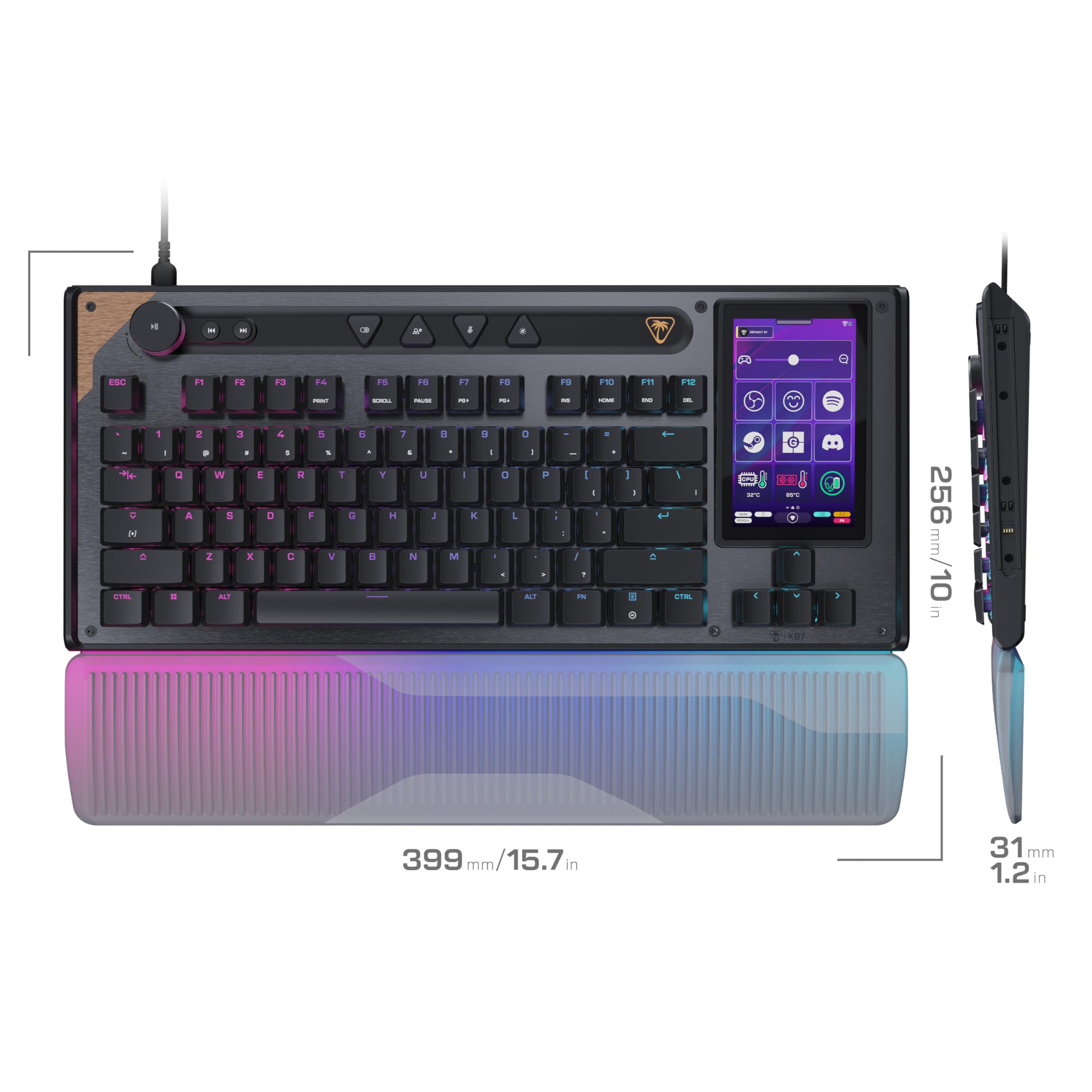 Turtle Beach Command Series KB7 TKL Clavier Gaming Filaire avec écran Tactile Display 4,3", Touches Titan discrètes à Effet, Capuchons de Touches PBT Double Frappe et Rails modulaires - (FR AZERTY)