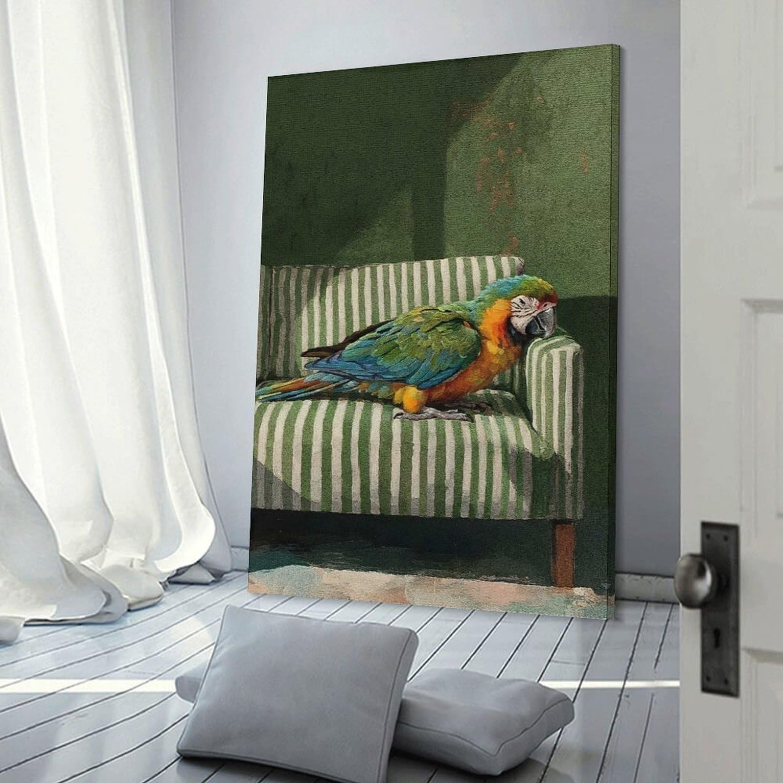 Junmoney Frame-Style-12-1 Decorative Wall Artwork Parrot On Striped Couch, 20X30inch(50X75cm), For Lounge, Bedroom Or Personal Spaces, Thoughtful Wall Decor For Art Lovers