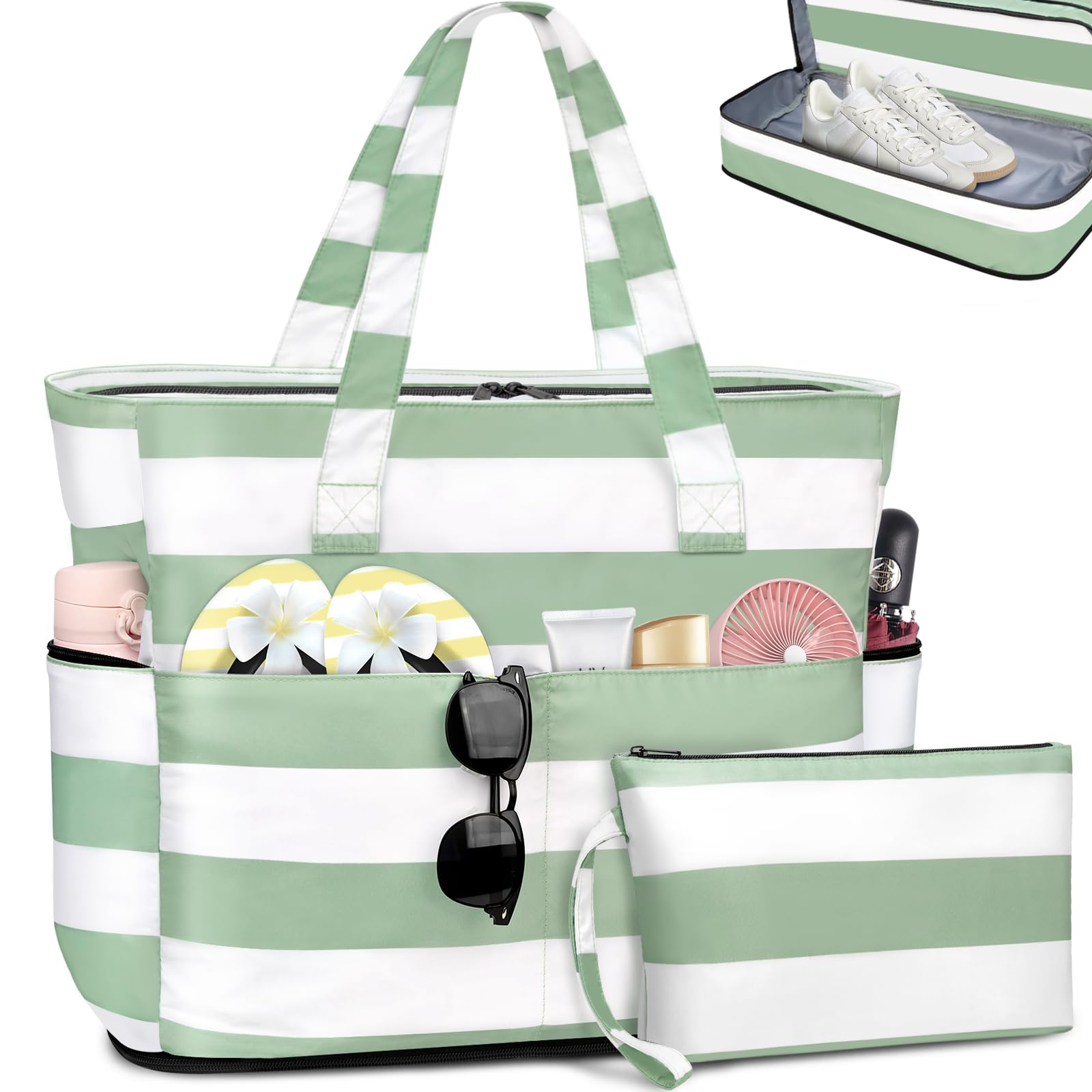 ENONEOBolsa de Playa Grande XXL con Cremallera Familiar Bolsa Playa para Mujer Sauna Bolsa de Viaje Plegable Bolsa Impermeable Natación Verano Ligero Bolso de Mano Compras Shopper Tote Bag 55L