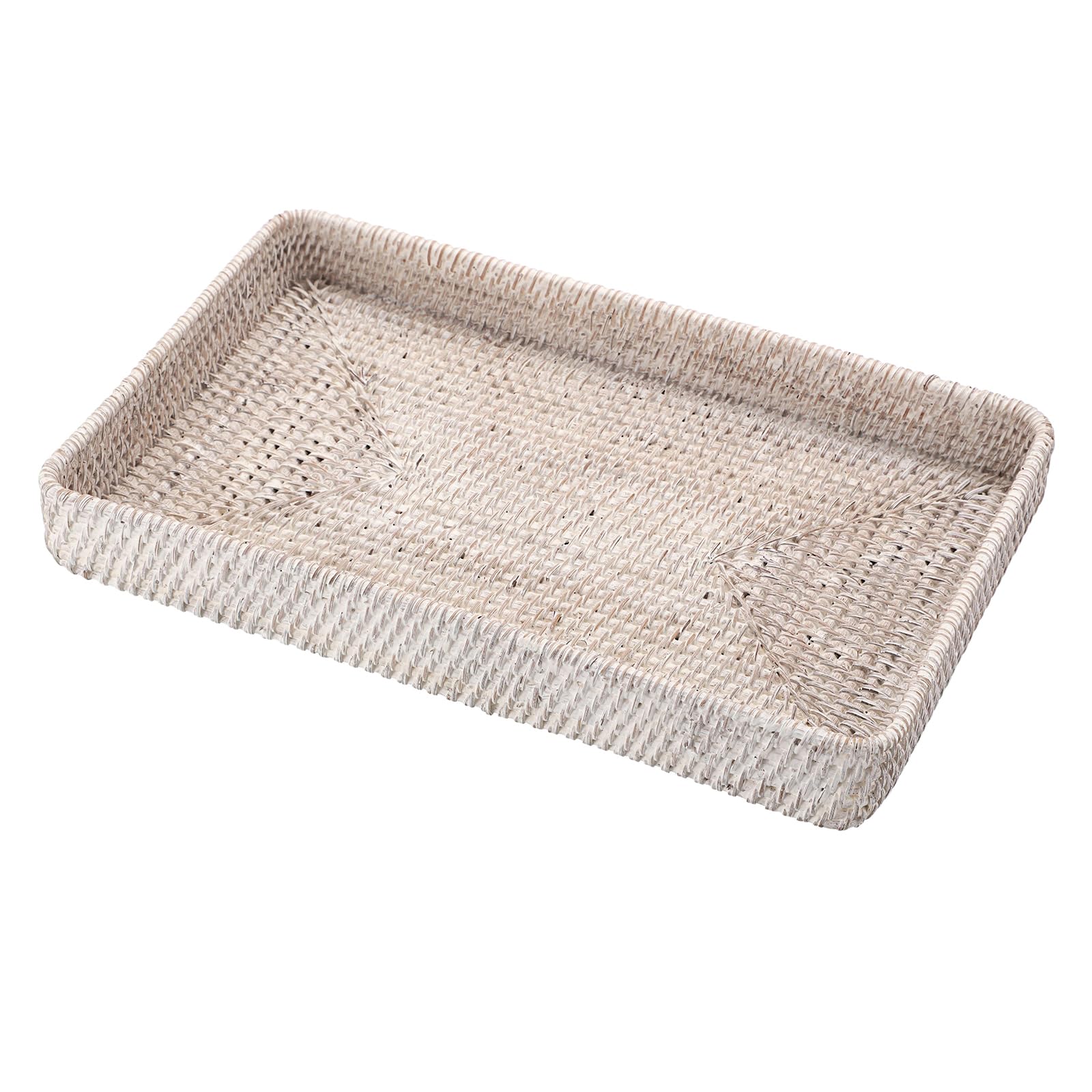 Hipiwe Rattan Serving Tray Whitewash Decorative Woven Trays for Organizing Bread Fruit Basket Rectangular Desktop Organizer for Kitchen Bathroom, 14.6" x 9"Wx 1.8"