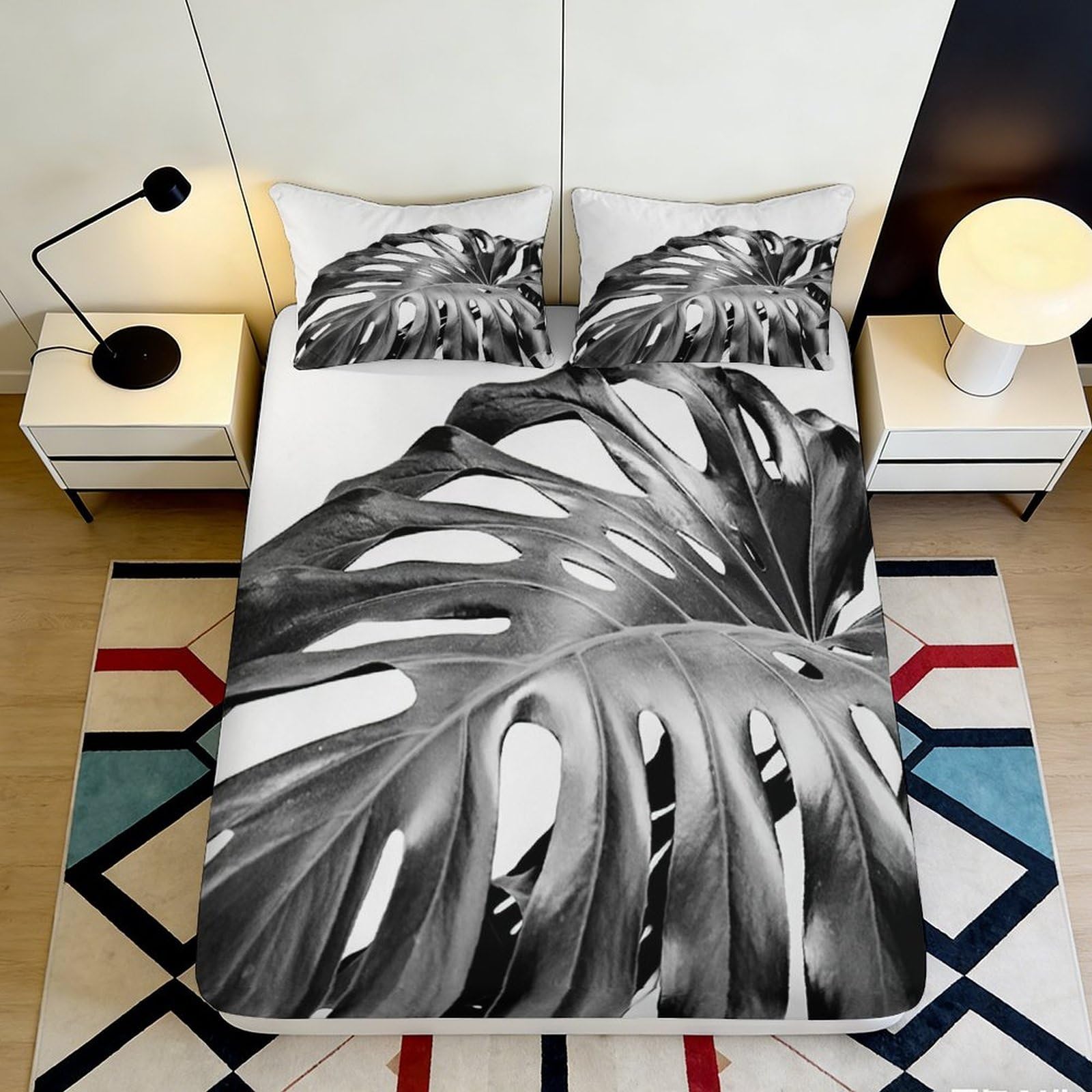 3D Printed Botanical Leaf Fitted Sheet Microfiber Deep Pocket Non-Slip Bedroom Bedding Botanical Leaf Mattress Fitted Cover 180x200x25cm