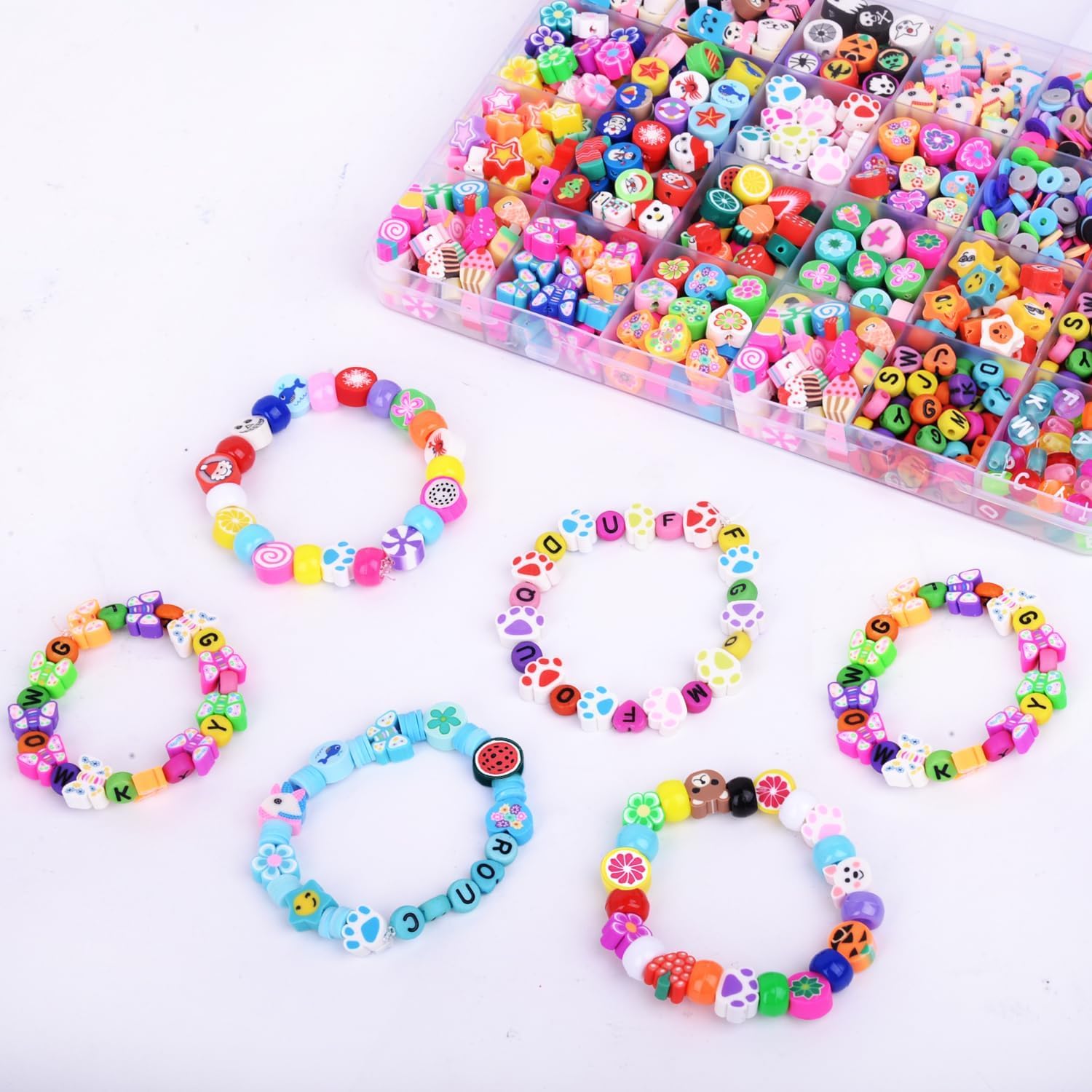 Kelexx Polymer Clay Beads Bracelet Making Kit - 24 Styles Cute Fruit, Flower, Animal, Cake, Butterfly & Heart Charms for Jewelry, Necklace, Earring DIY Craft Accessories for Girls & Women 4