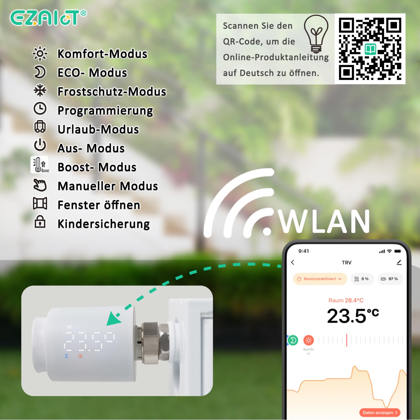 Termostato intelligente per termosifone Wi-Fi: valvola programmabile per radiatore con telecomando Tuya, sensore di temperatura e controllo app per un controllo ottimale del riscaldamento,