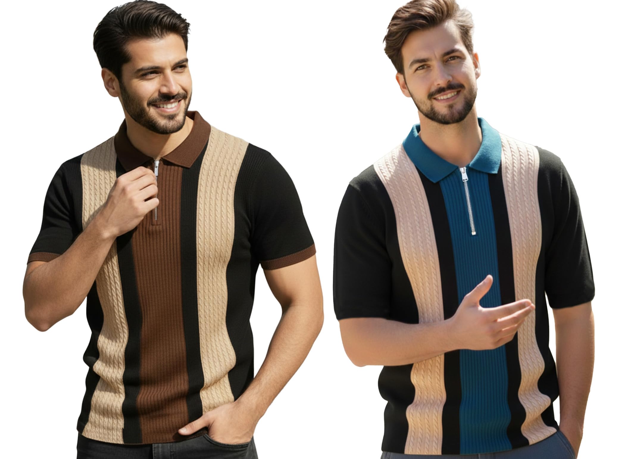 Men's Textured Vertical Striped Knit Polo T-Shirt | Half Sleeve Zipper Neck Self-Design Casual Tee | Mens Tshirts-image-33