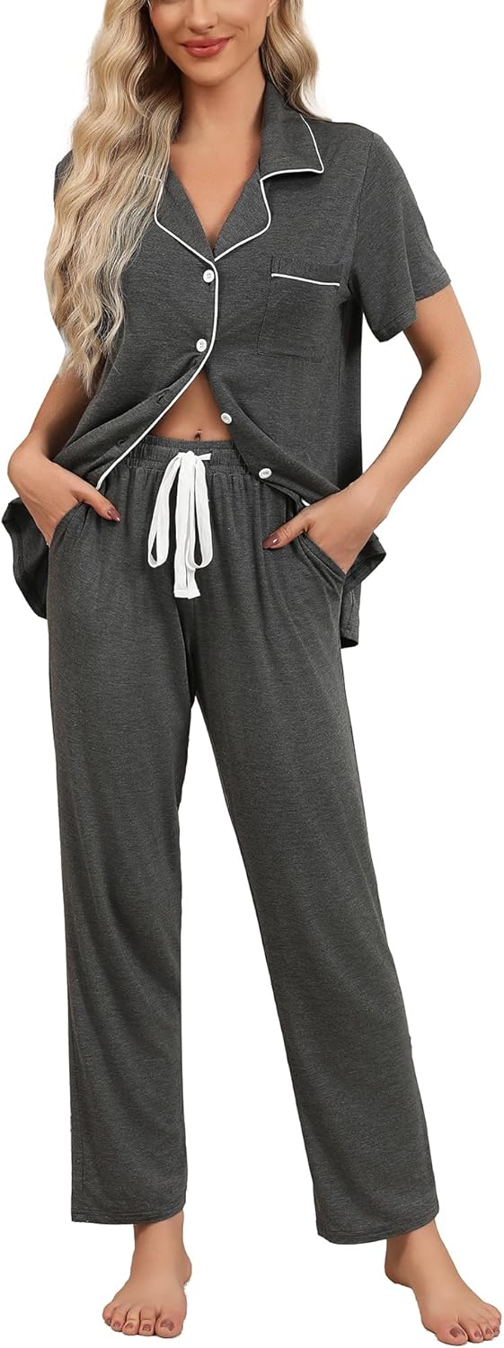 Anjue Pajamas for Women Soft Button Up Pajama Set Short Sleeve Shirt and Long Pants Lounge Sets S-XXL
