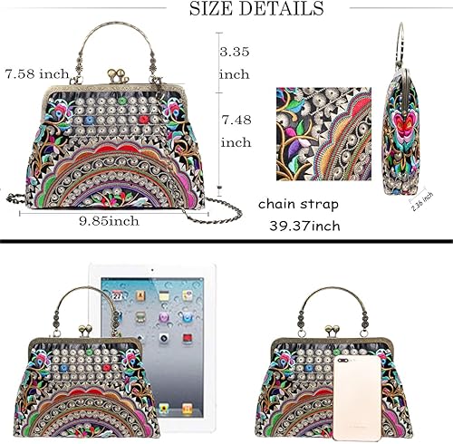 Miniatura 3 de Abuyall Bolso floral con asa superior bolso de noche Kiss Lock para mujer bolso vintage Algodón negro