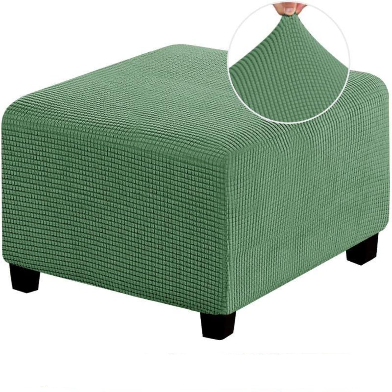 Haklein Anti-Cat Scratch Stretch Square Footrest Cover, Soft Dustproof Ottoman Stool Cover Bench Slipcover, Solid Color Removable Storage Footstool Protector (L,Green)