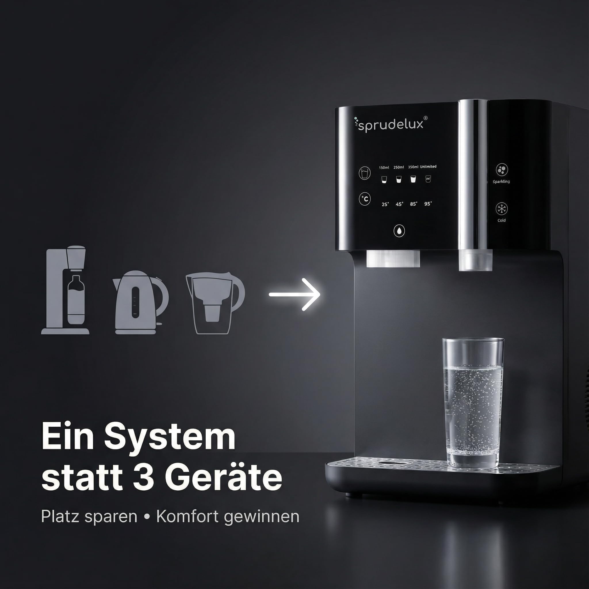 SUPREME - SPRUDELUX SUPREME - Distributeur d'eau avec eau gazeuse et eau chaude - Osmose inverse Direct Flow avec UVC - Filtre à eau avec CO2 - Appareil de table pour cuisine et bureau
