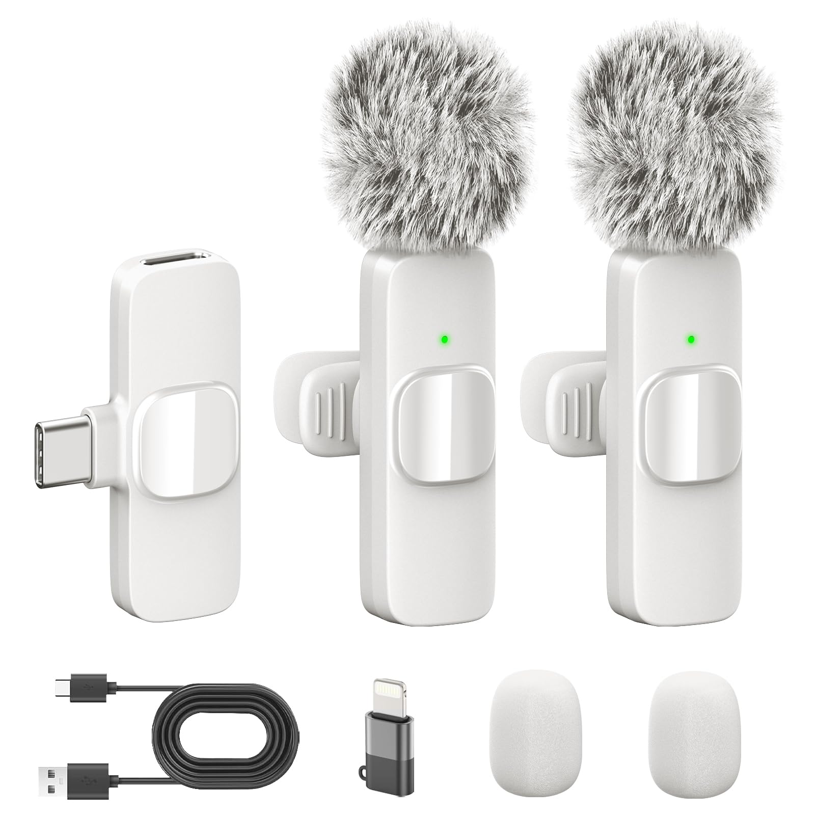 White Wireless Lavalier Microphone for iPhone &amp; Android - Mini Clip-On Mic with Noise Cancellation 2 Pack Lapel Mic Plug and Play Wireless Mic for Video Recording Interview Podcast Vlog YouTube