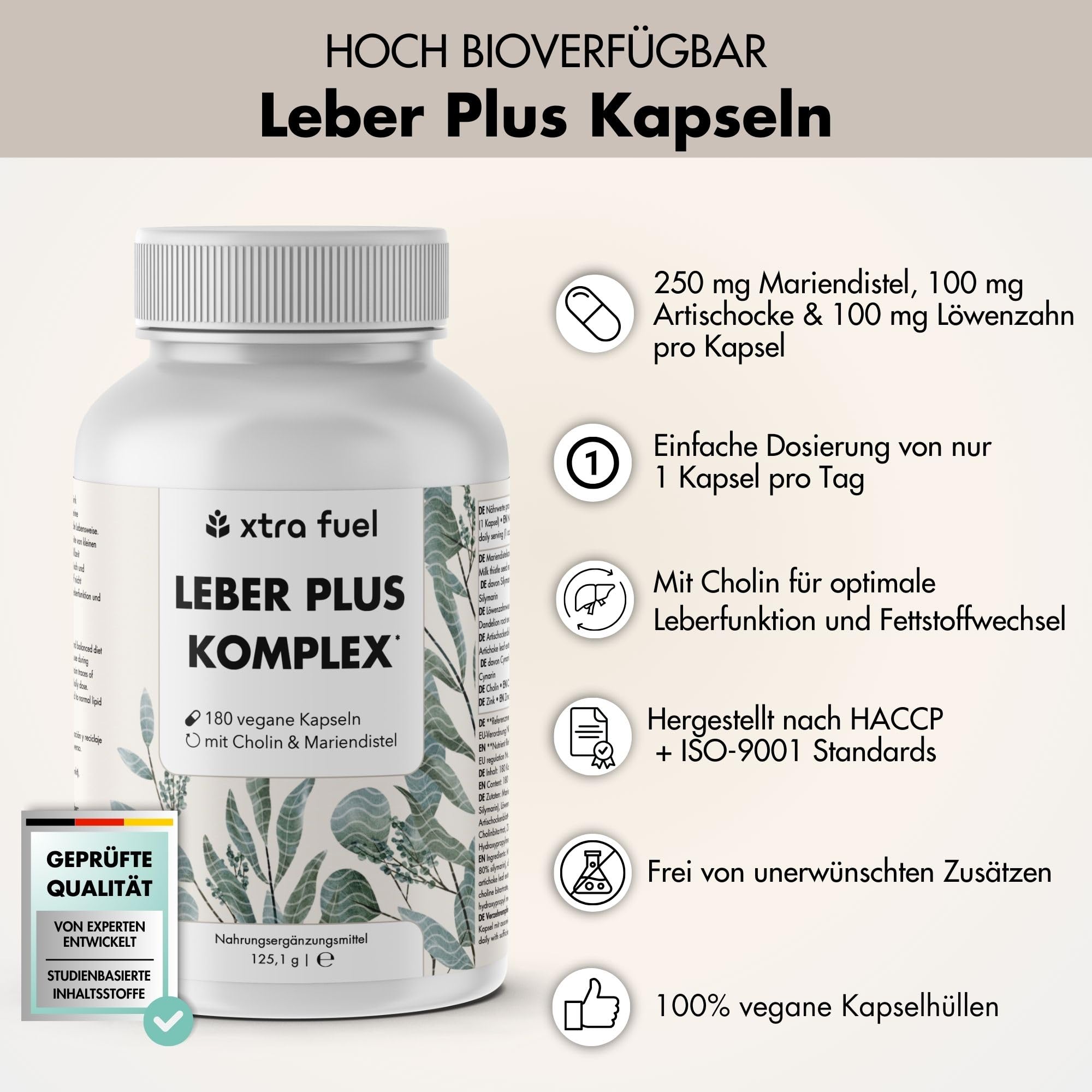 Leber Komplex - 180 Kapseln hochdosiert - mit Mariendistel (80% Silymarin), Artischocke, Löwenzahn & Cholin für die normale Funktion der Leber - laborgeprüft, vegan & zertifiziert