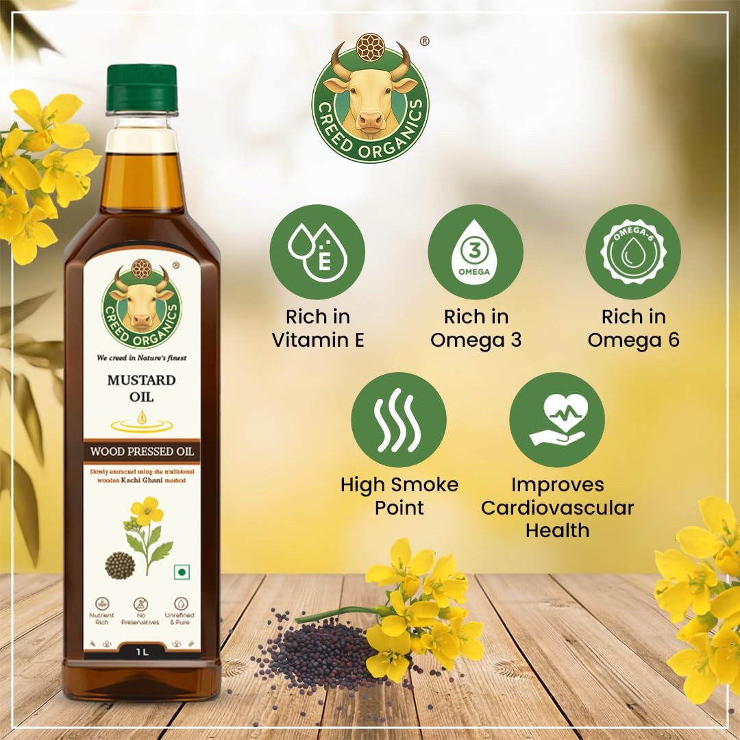 Creed Organics Woodpressed Mustard Oil 100 Pure Coldpressed Unrefined Traditional Ayurvedic For Cooking Pickling Wellness | Size 1 Liter (pack of 2) 2