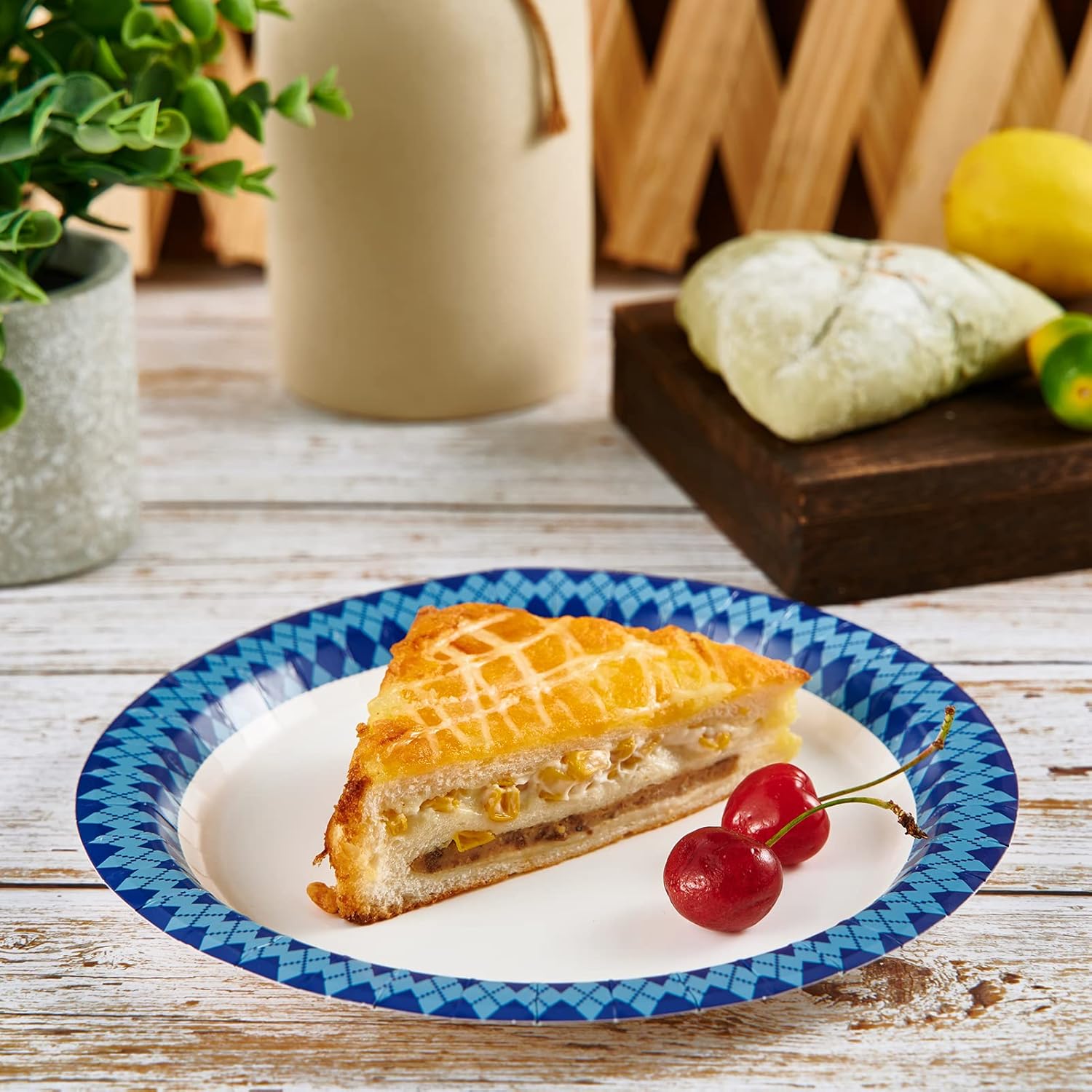 JOLLY PARTY 8.37 inch Disposable Paper Plates, 300 Count Dinner Plates, Soak Proof, Cut Proof for Everyday Use, Navy Diamond Pattern Rim Design - Image 5