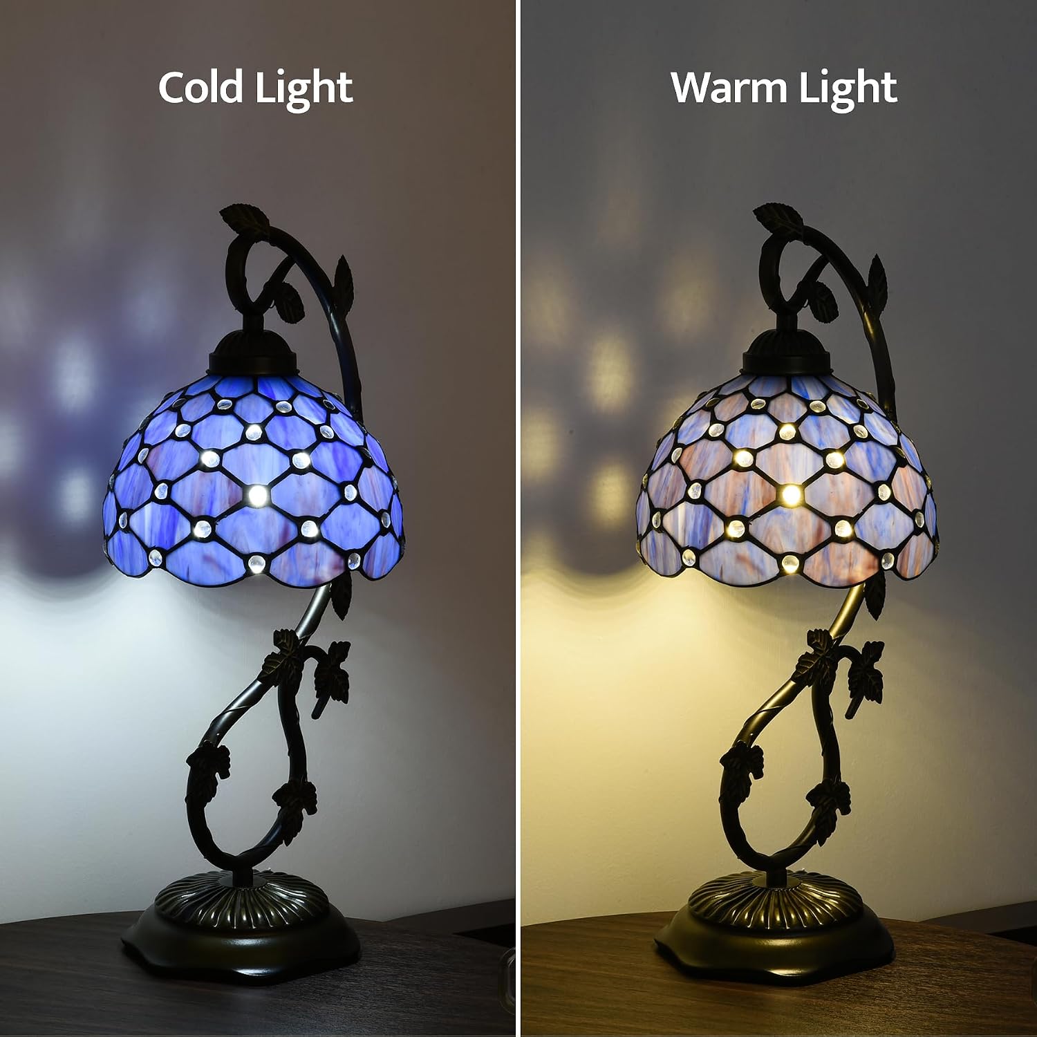 Vintage Tiffany Style Table Lamp Stained Glass Blue Purple Dome Shade with Antique Bronze Maple Leaf Metal Base Accent Lamp for Bedroom Living Room Office E26 Bulb (Blue Pearls)