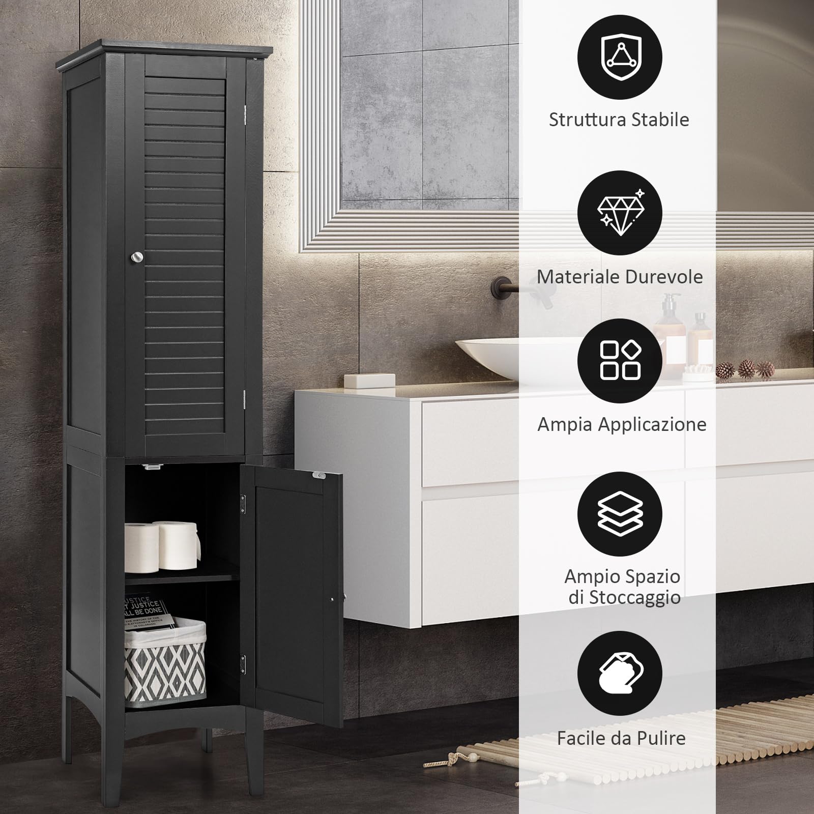 COSTWAY Mobile da Bagno Alto con 2 Ante 37 x 37 x 160 cm, Nero
