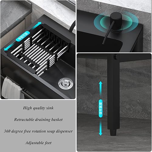 Miniatura 5 de Fregadero de cocina de acero inoxidable comercial negro 1 compartimento fregadero de uso independiente resistente montado en el suelo con grifo y