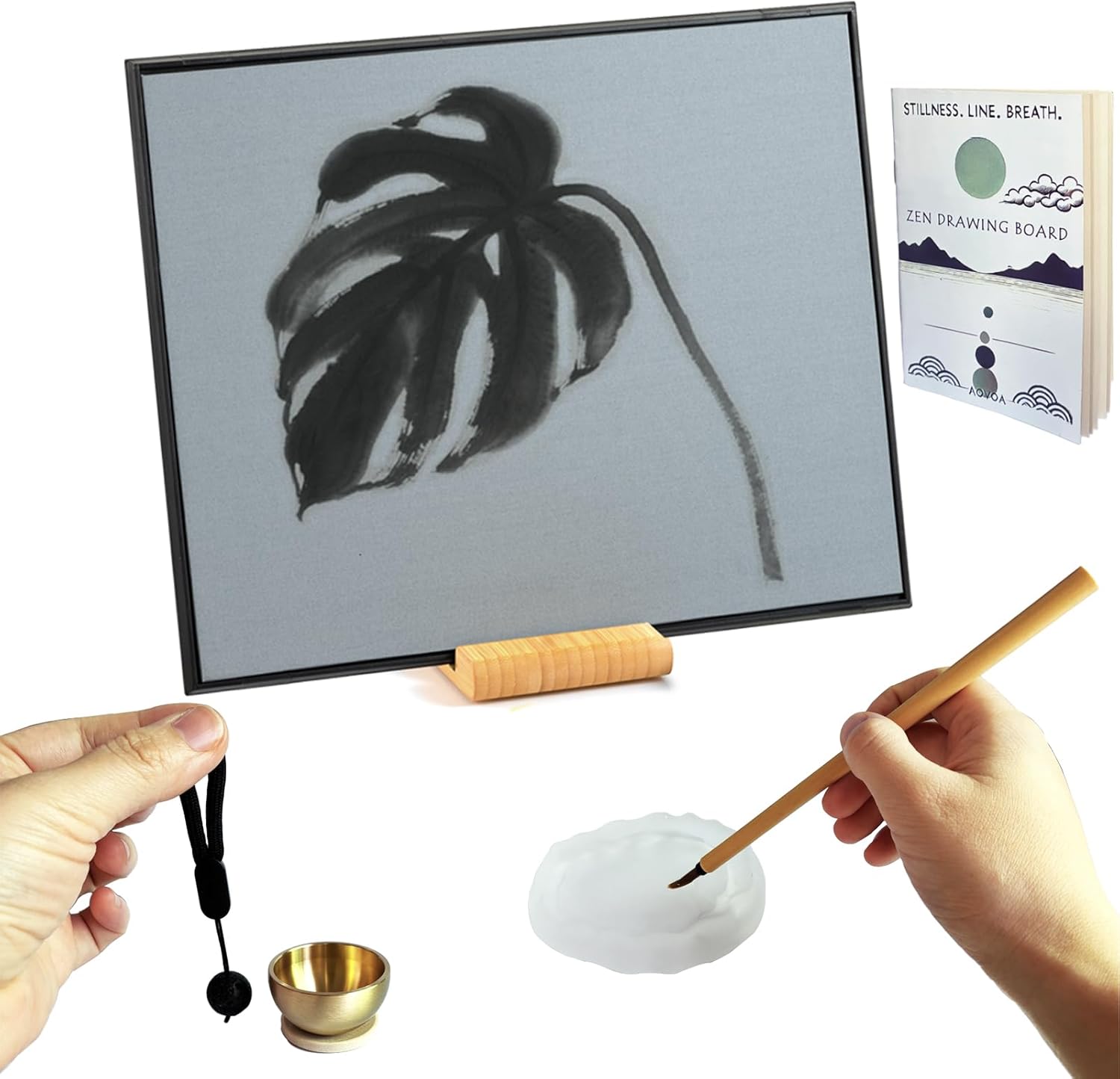 Zen Buddha Water Drawing Board with Meditation Drawing Breathing Instruction and Mini Singing Bowl, Zen Water Painting Set for Relaxing, Mindfulness Practice, Unique Gifts for Men and Women