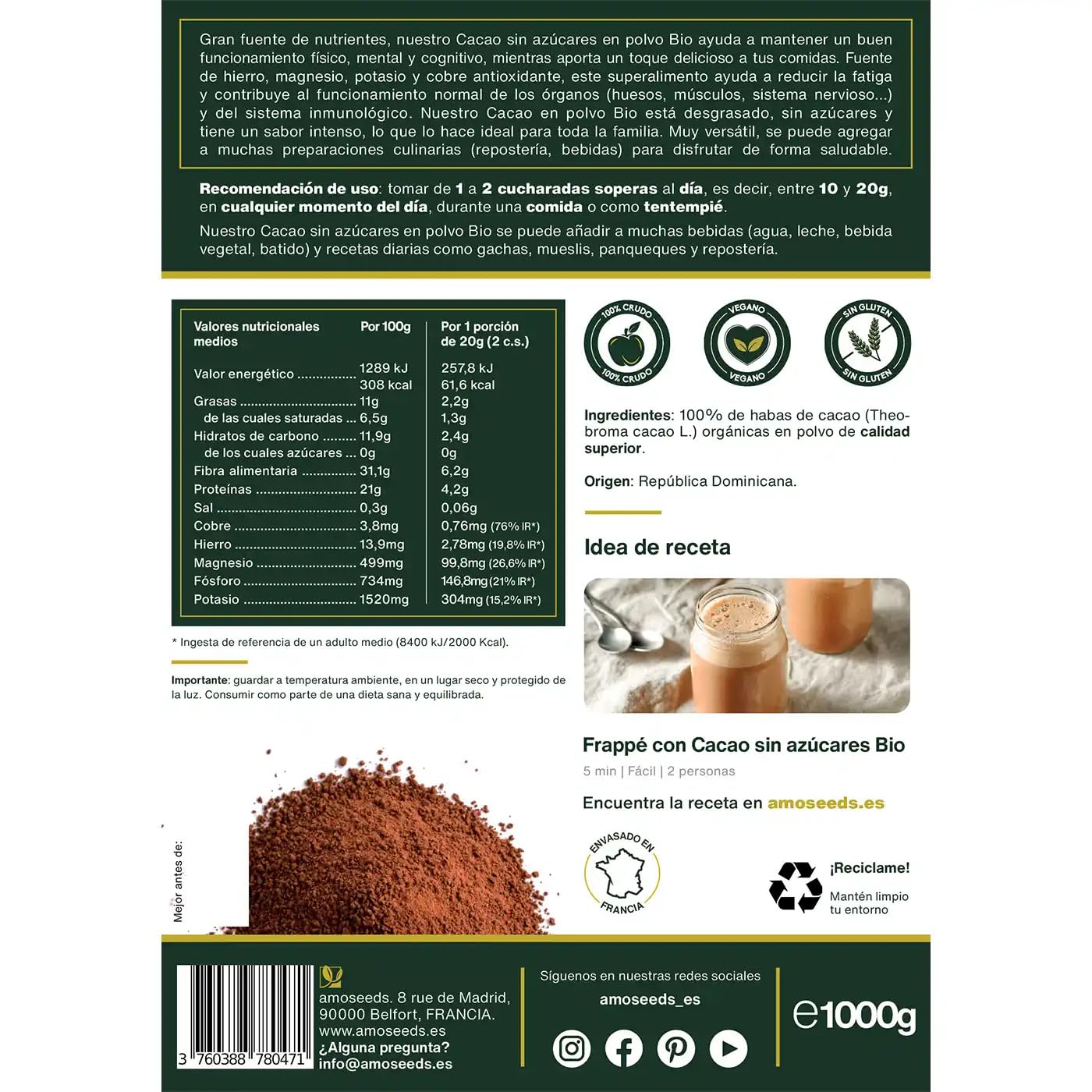 Cacao sin Azúcares en polvo BIO | 100% Puro y Natural | Habas de Cacao desgrasadas Orgánicas | Intenso sabor a chocolate | Primera Calidad