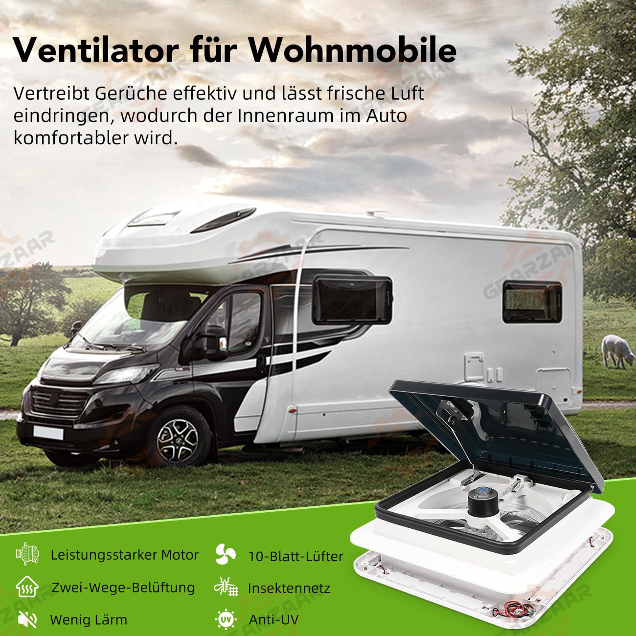 Wentylator dachowy 12V z światłem LED do kampera, wentylator wywiewowy IP68 28x28cm, Cichy wentylator RV 20–65dB, wentylacja do przyczepy kempingowej, wentylator dachowy z oknem 36x36cm do