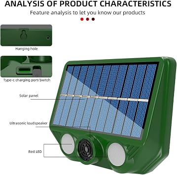 Solar Powered Animal Repeller - Ultrasonic Deterrents, Double Lighting Modes | Outdoor Animal Repellents Device, Electronic Repellents For Garden Farm Repels Cats Birds Raccoons Squirrels