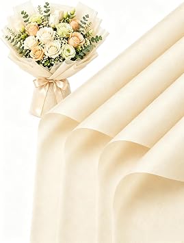 TINGSING 4 Packs Flower Wrapping Paper, 160 Sheets Waterproof Pleated Non-Woven Bouquet Wrap for Fresh Flowers, 11.4x11.4 Inch Square Floral Gift Packaging Paper for DIY, Florist Supplies Beige
