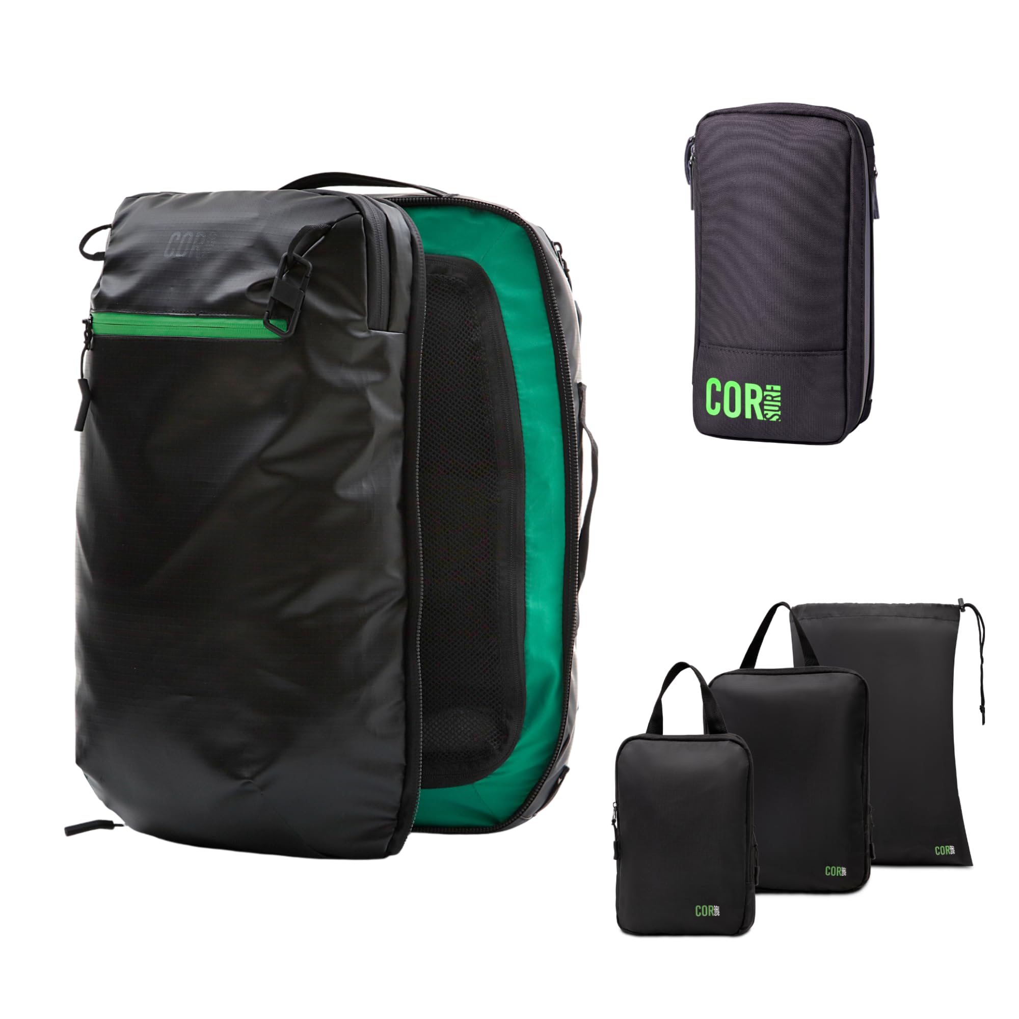 COR Surf Carry On Travel Backpack Bundle, Black with Green Zipper