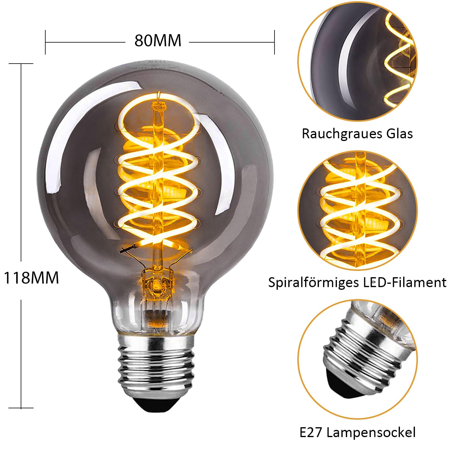 Edison Vintage Glühbirne, E27 LED Vintage Dimmbar 4W G80, E27 LED Warmweiss 2400K Retro Glühbirne Ideal für Nostalgie und Retro Beleuchtung - Rauchgraues Glas - 6 Stück