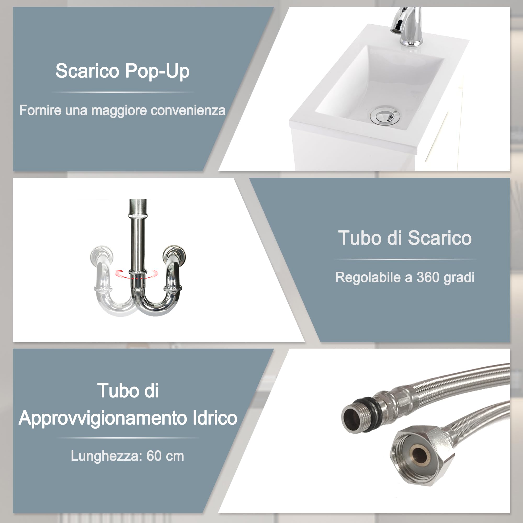 UEV Mobile Bagno con Lavabo in Resina, 41CM Mobili Bagno Salvaspazio Sospeso, Rubinetto Cromato a Risparmio Idrico e Scarico Pop Up, Piccolo, Bianca