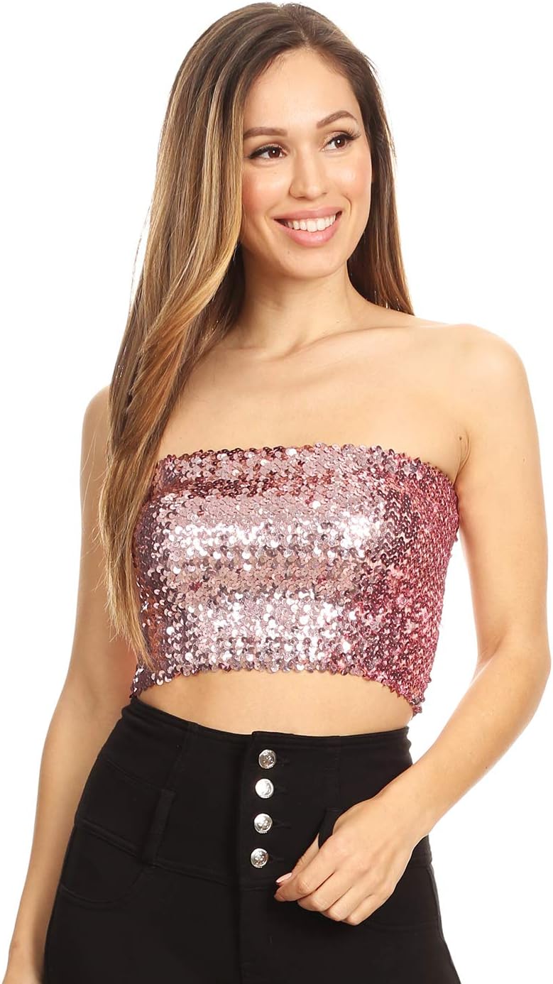 ANNA-KACIWomens Shiny Sequin Party Cropped Strapless Bandeau Stretch Tube Top