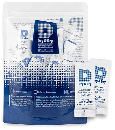 Dry & Dry Paquetes de gel de sílice seguros para alimentos y farmacéuticos de 0.11 oz 200 paquetes Desecantes - Paquetes de gel de sílice Tyvek