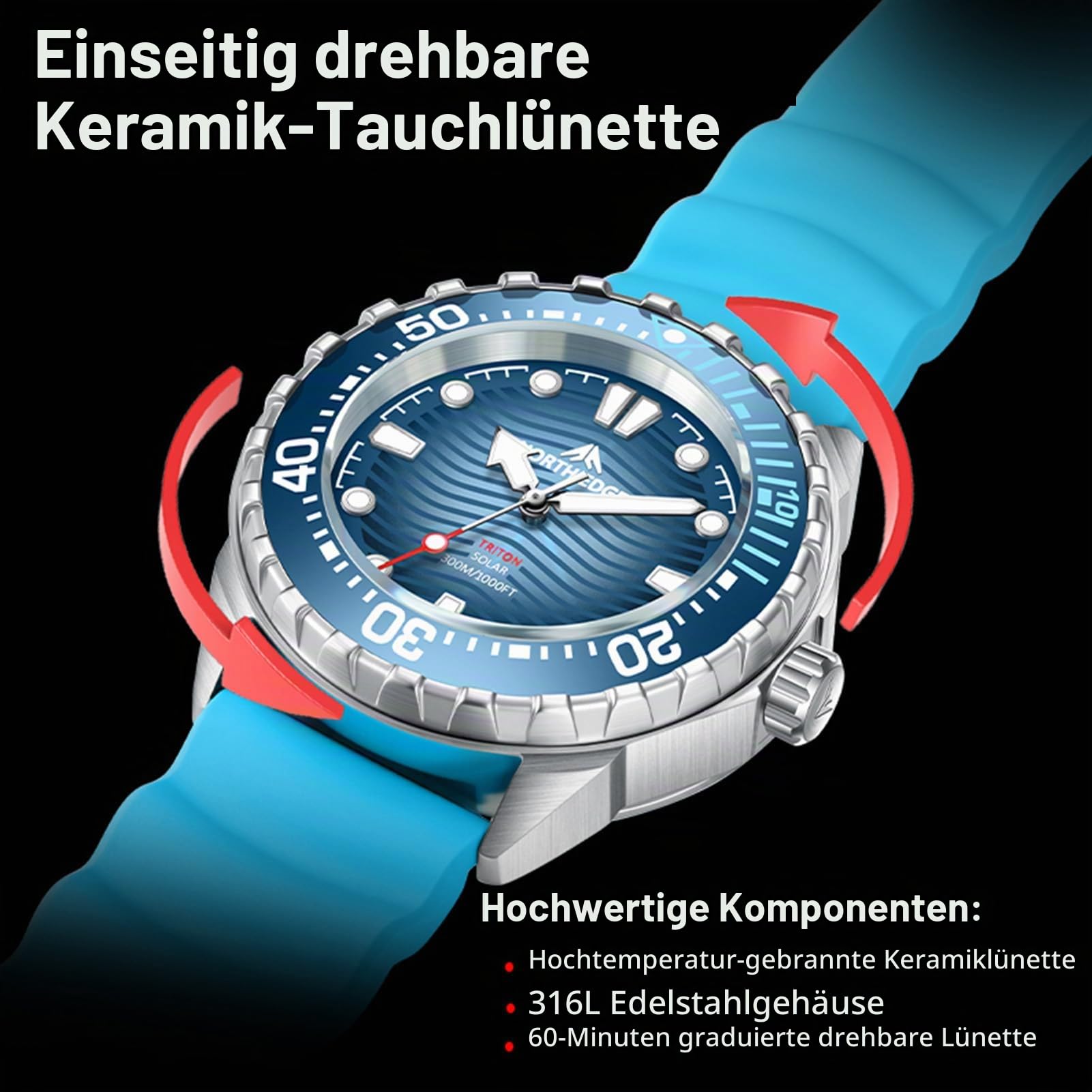 Dpofirs Solar Powered Dive Watch Frauen Männer Watch, 300 M/1000 Fuß Wasserdicht, Schnelle Beleuchtung, für Draußen, Lässig, Geschäftlich, Täglich